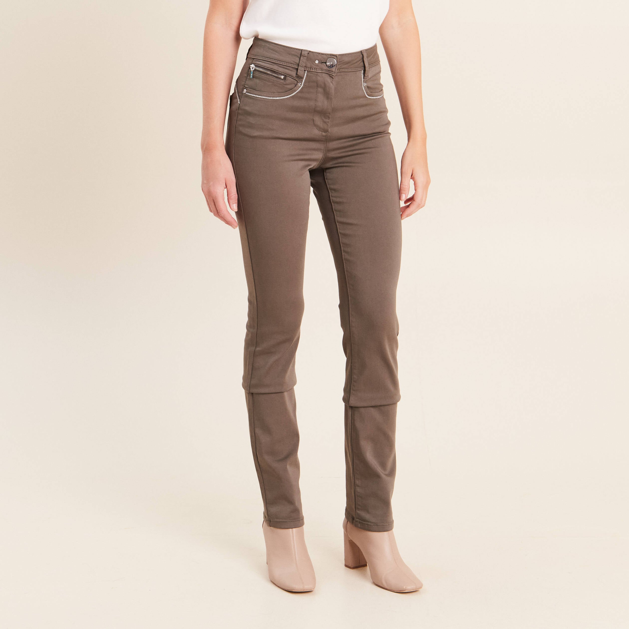 Pantalon droit taille haute vert kaki femme