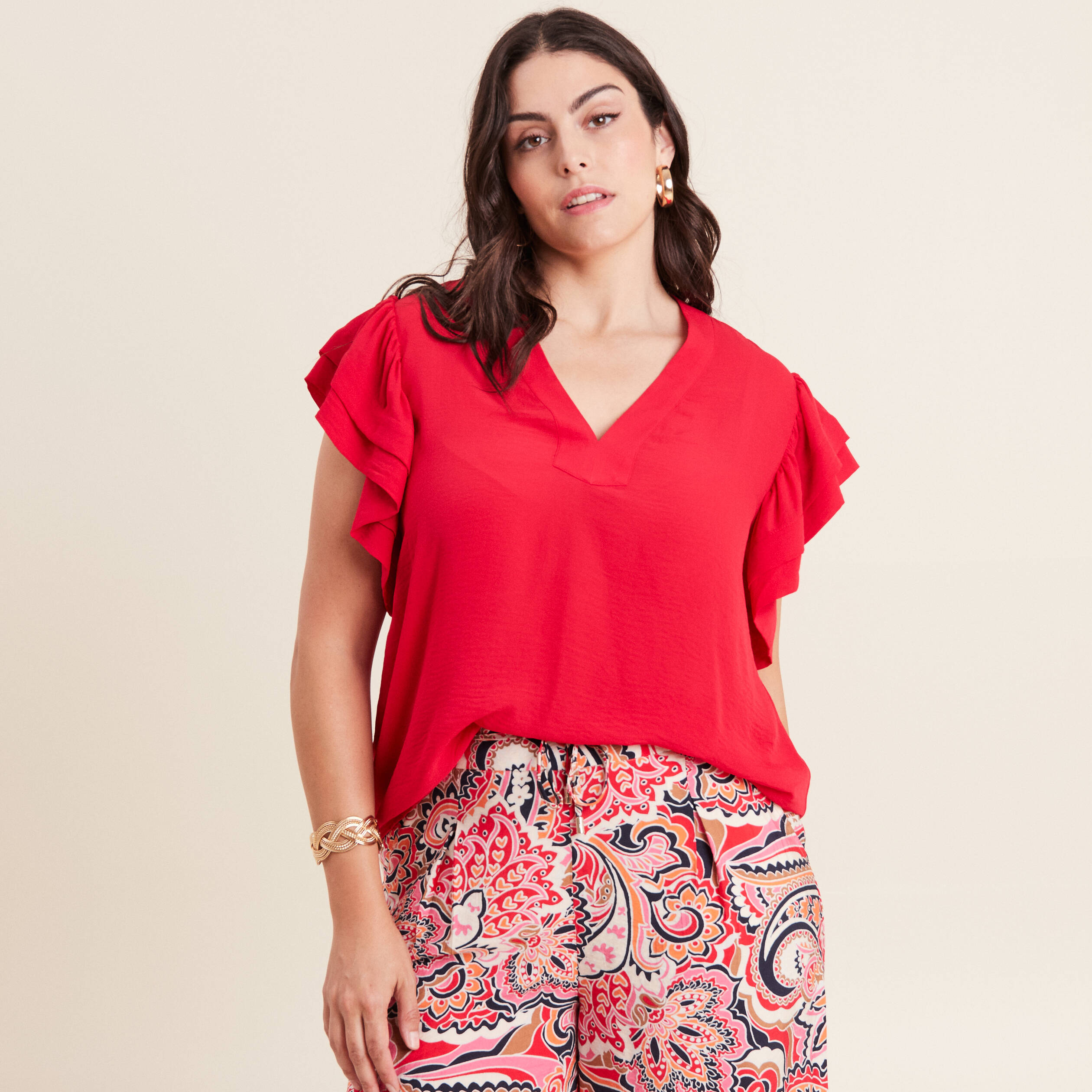 blouse manches courtes volants rouge femme Blouse manches courtes volants rouge femme