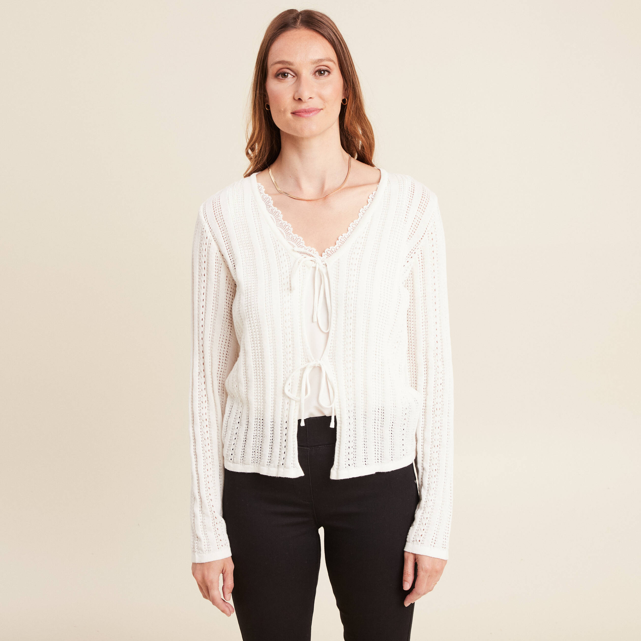 gilet mi long manches longues ecru femme Gilet mi-long manches longues ecru femme