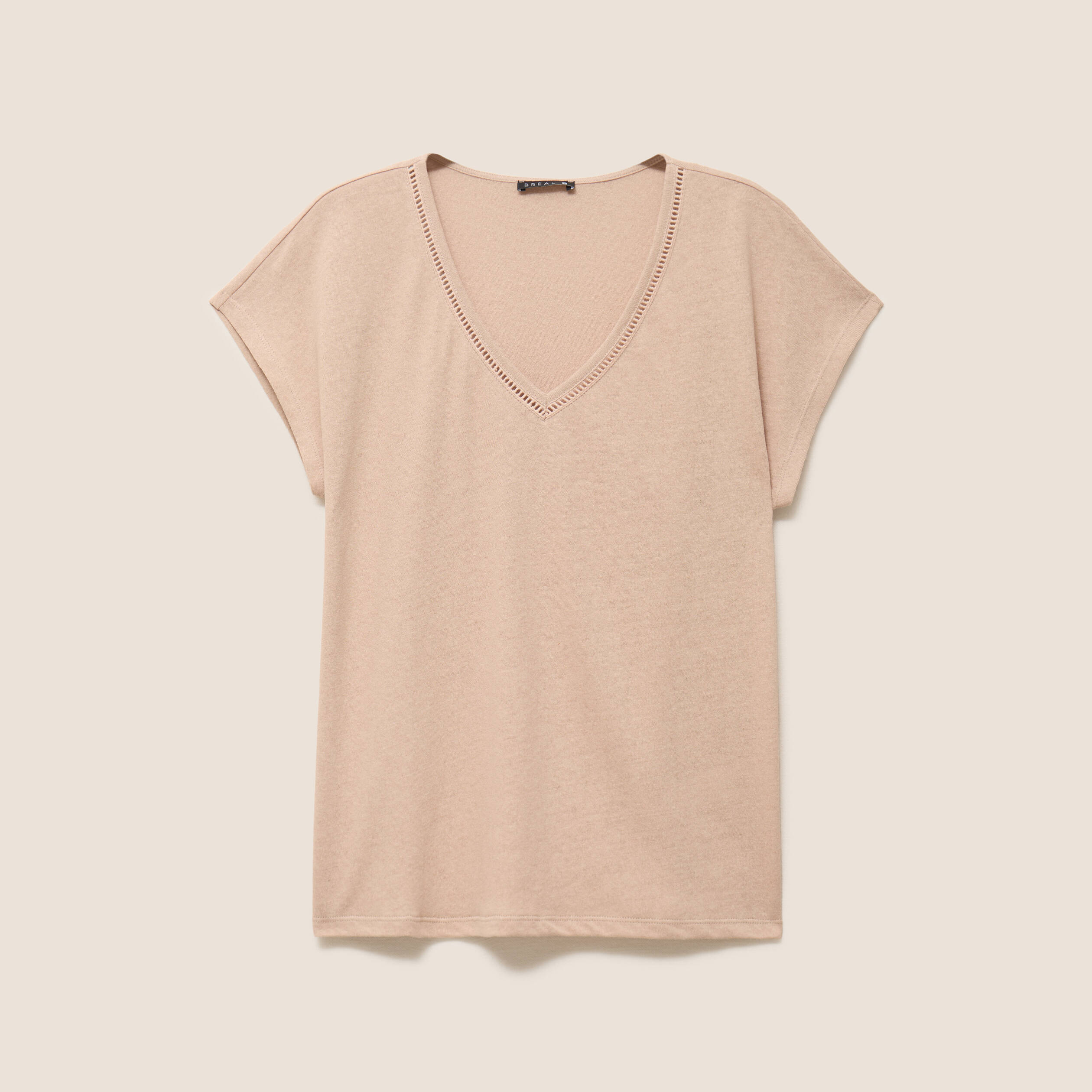 T-shirt col v manches courtes aspect lin sable femme