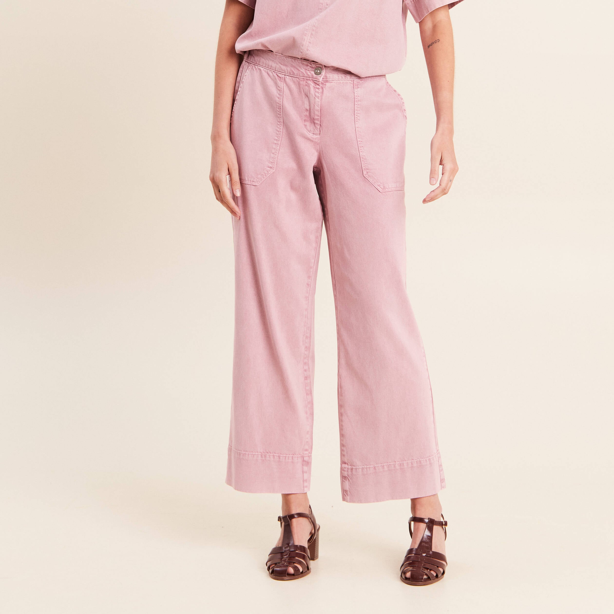 Pantalon large taille haute fluide rose femme