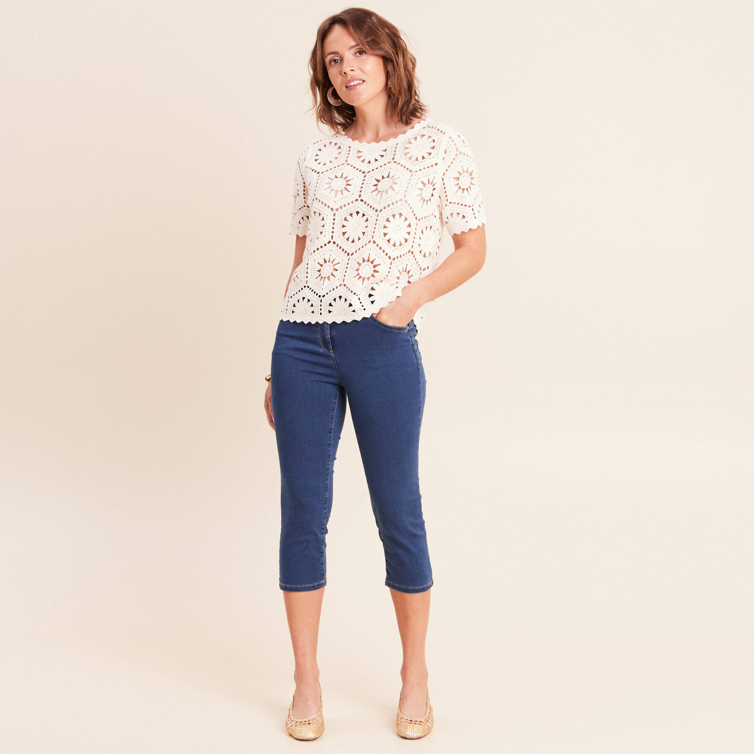 Pantacourt magique Le L&eacute;ger coupe droite denim double stone femme