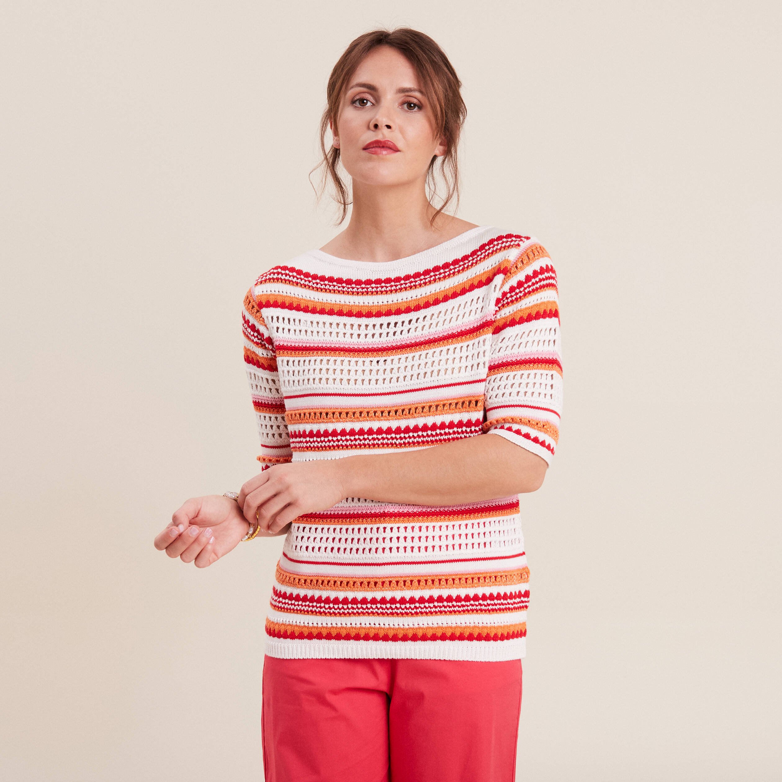 pull manches 34 ajoure orange femme Pull manches 3/4 ajouré orange femme