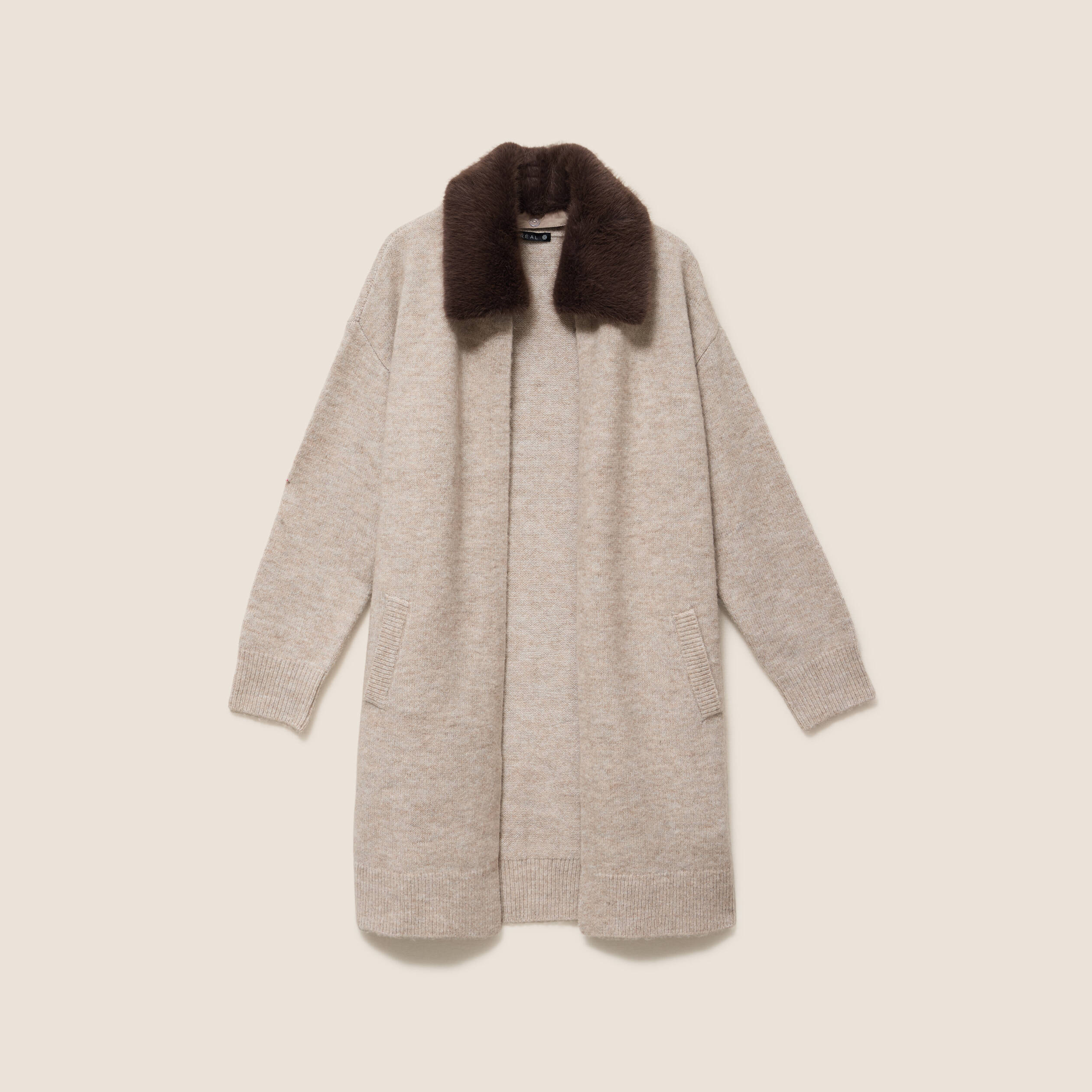 Gilet droit long col chemise beige femme