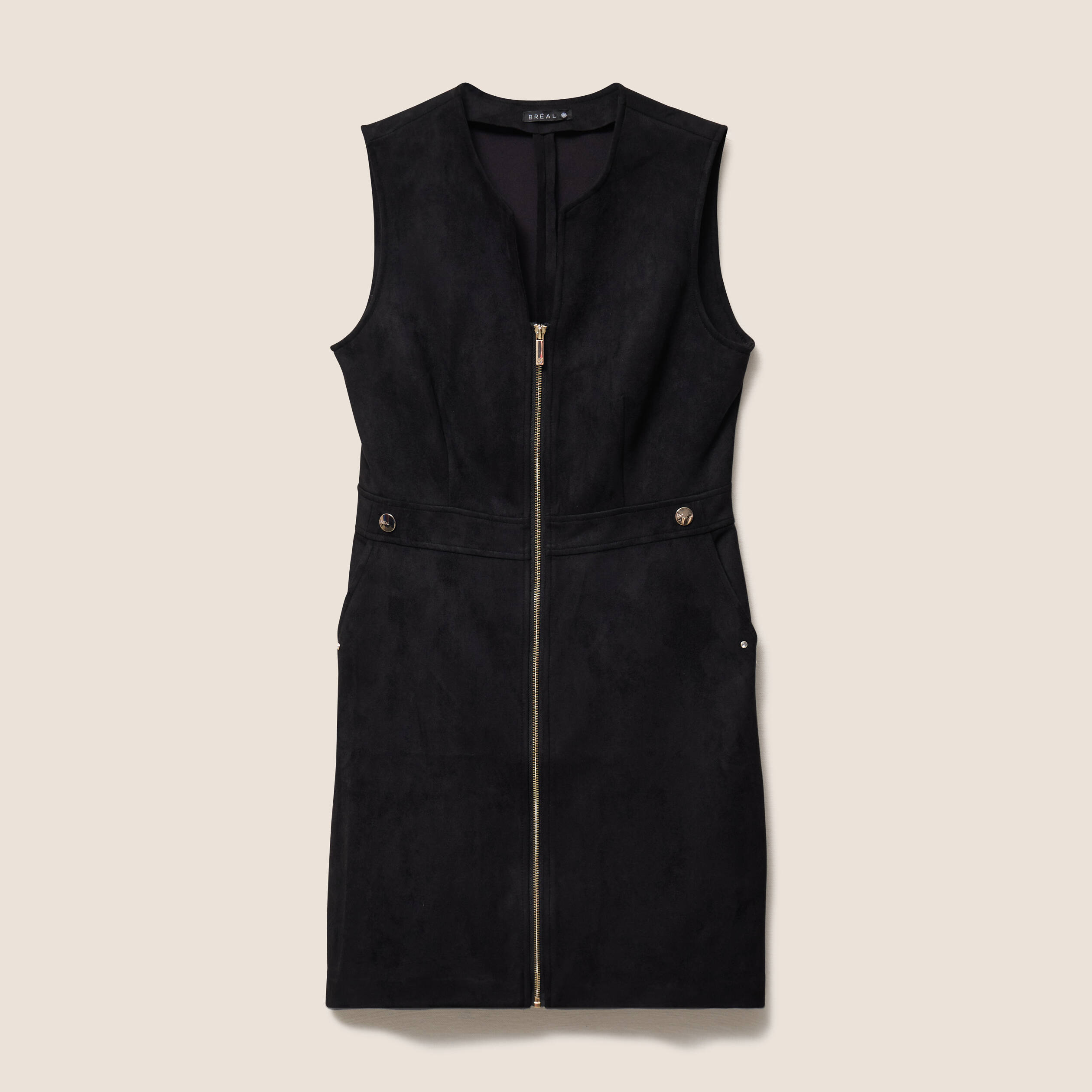 Robe sans manches col rond aspect daim noir femme