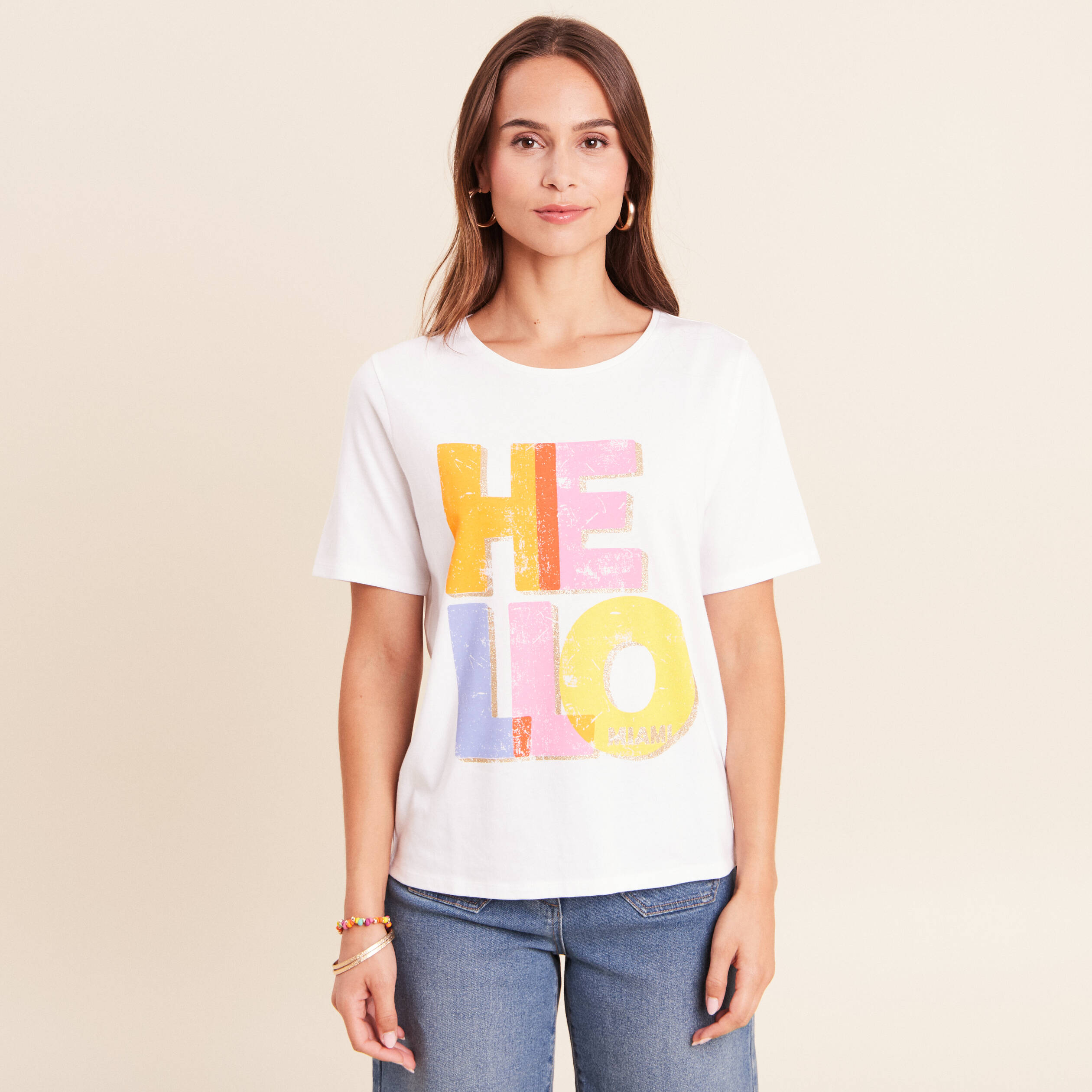 T-shirt col rond manches courtes blanc femme