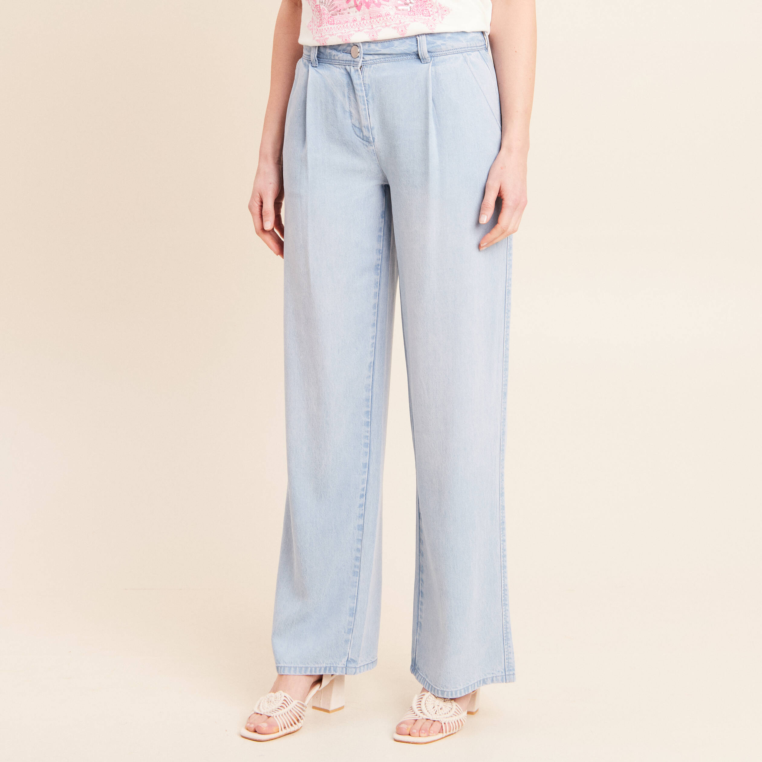 Pantalon large doubl&eacute; fluide denim bleach femme