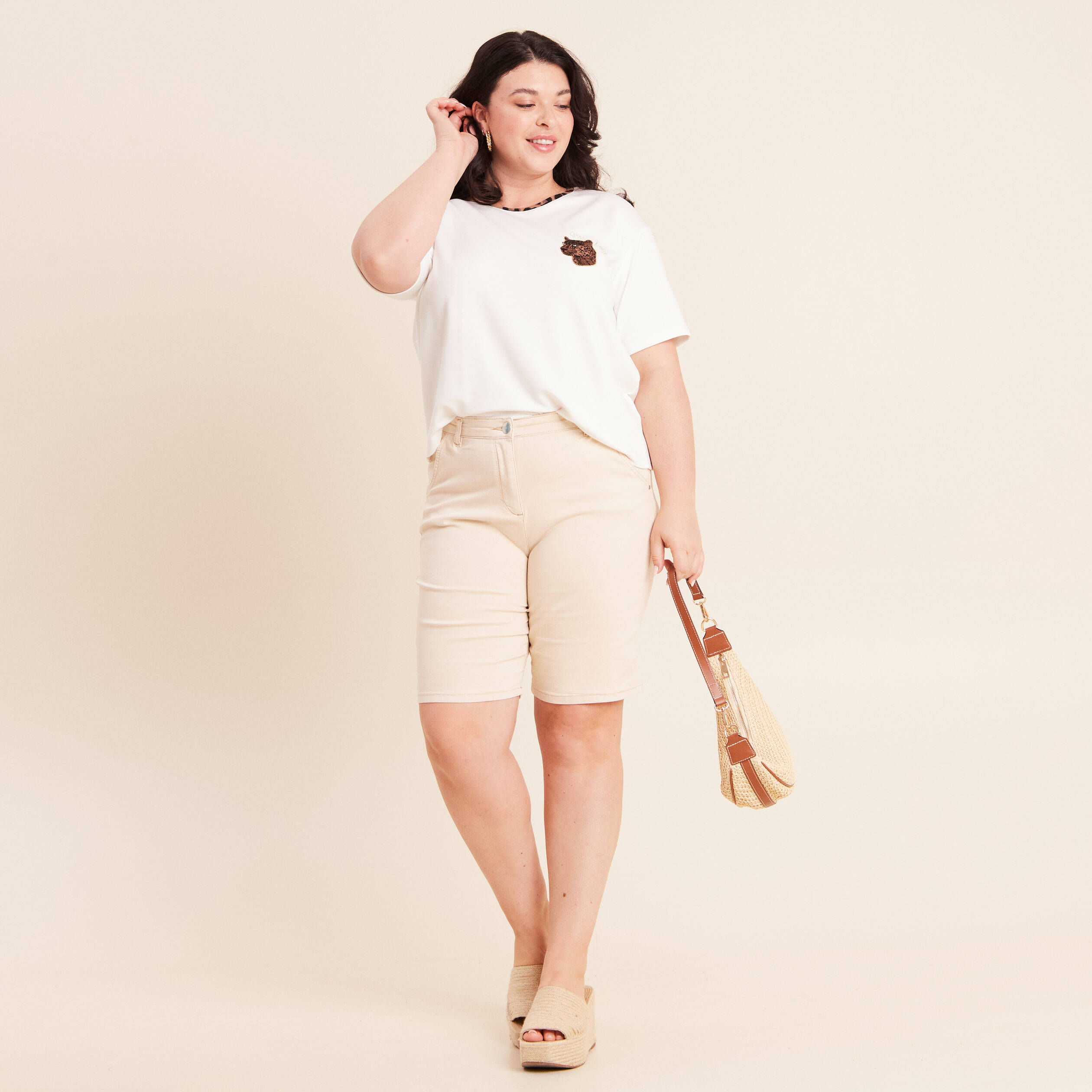 T-shirt col rond manches courtes ecru femme