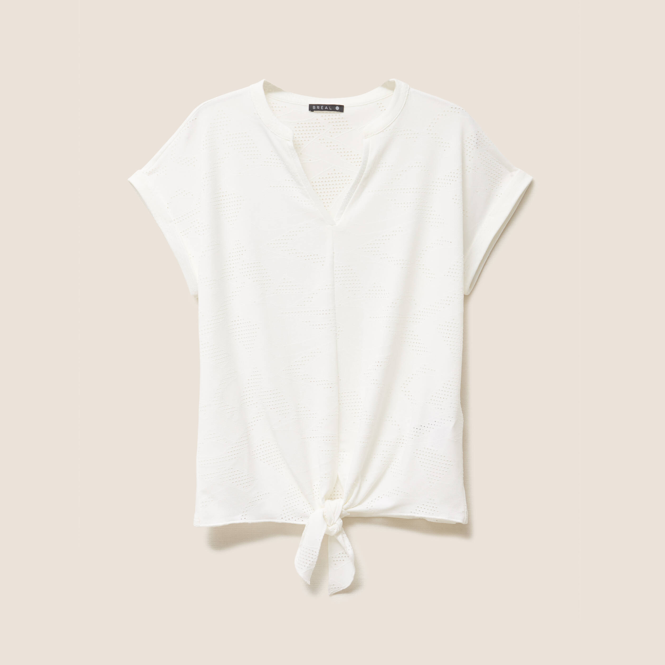 T-shirt col tunisien manches courtes blanc femme