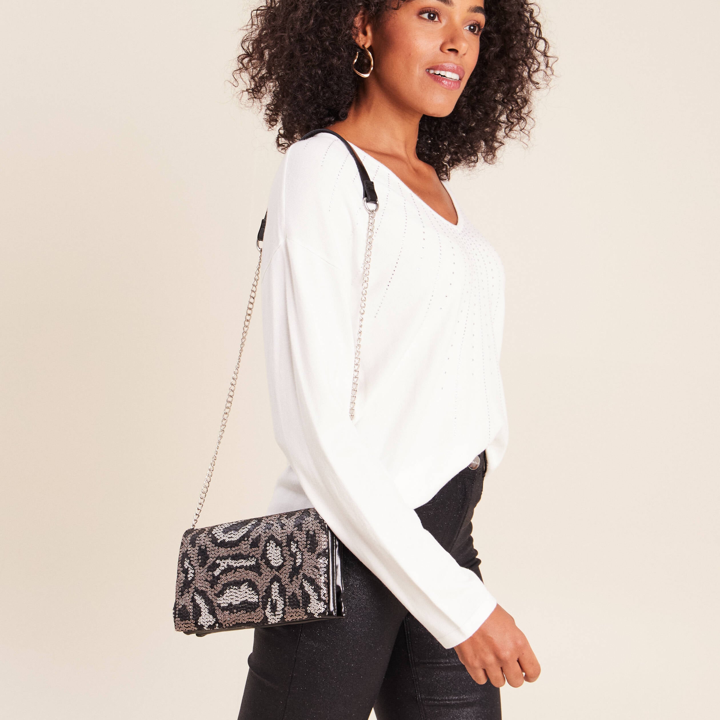 Sac bandouli&egrave;re &agrave; sequins doubl&eacute; noir femme
