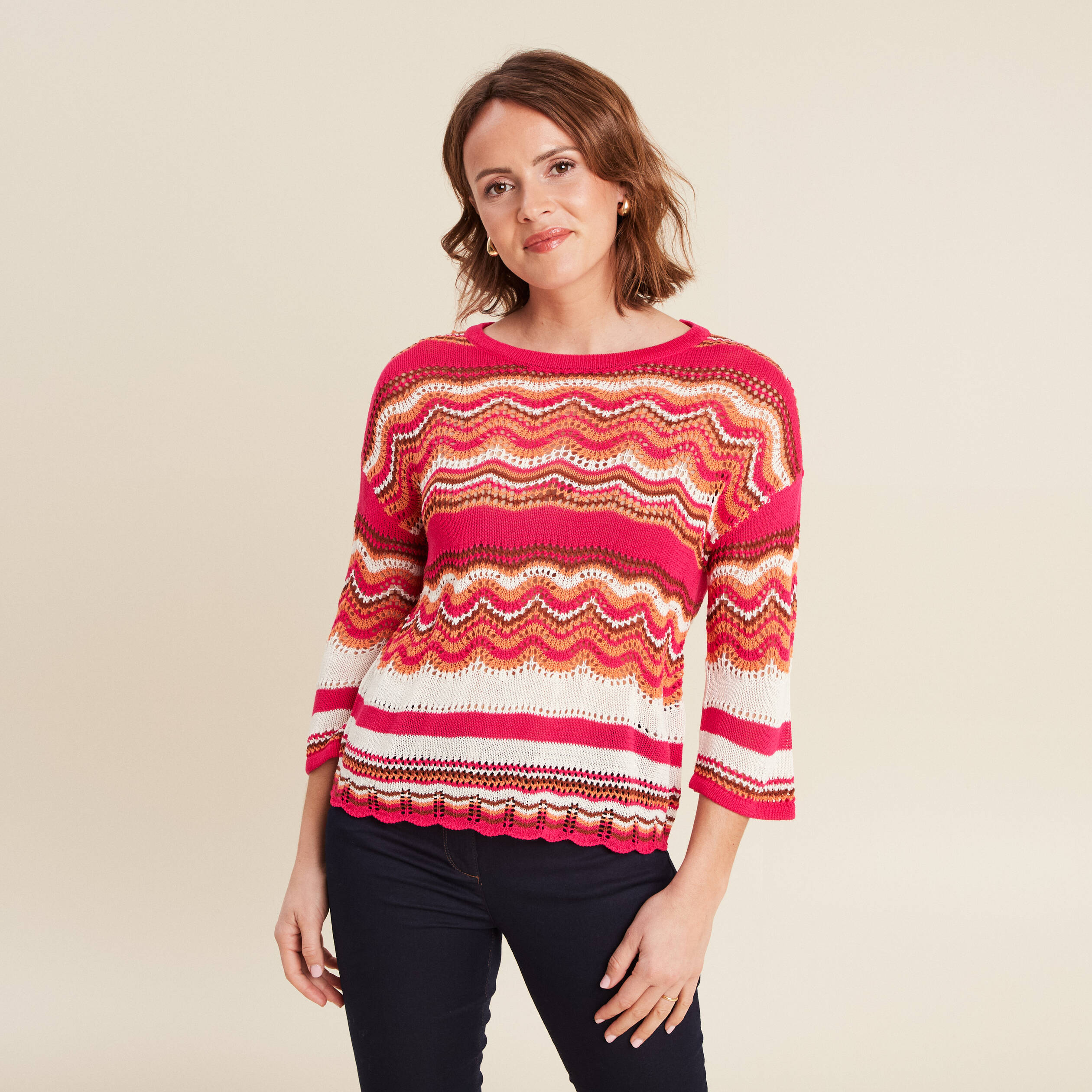 pull manches 34 ajoure rose fushia femme Pull manches 3/4 ajouré rose fushia femme