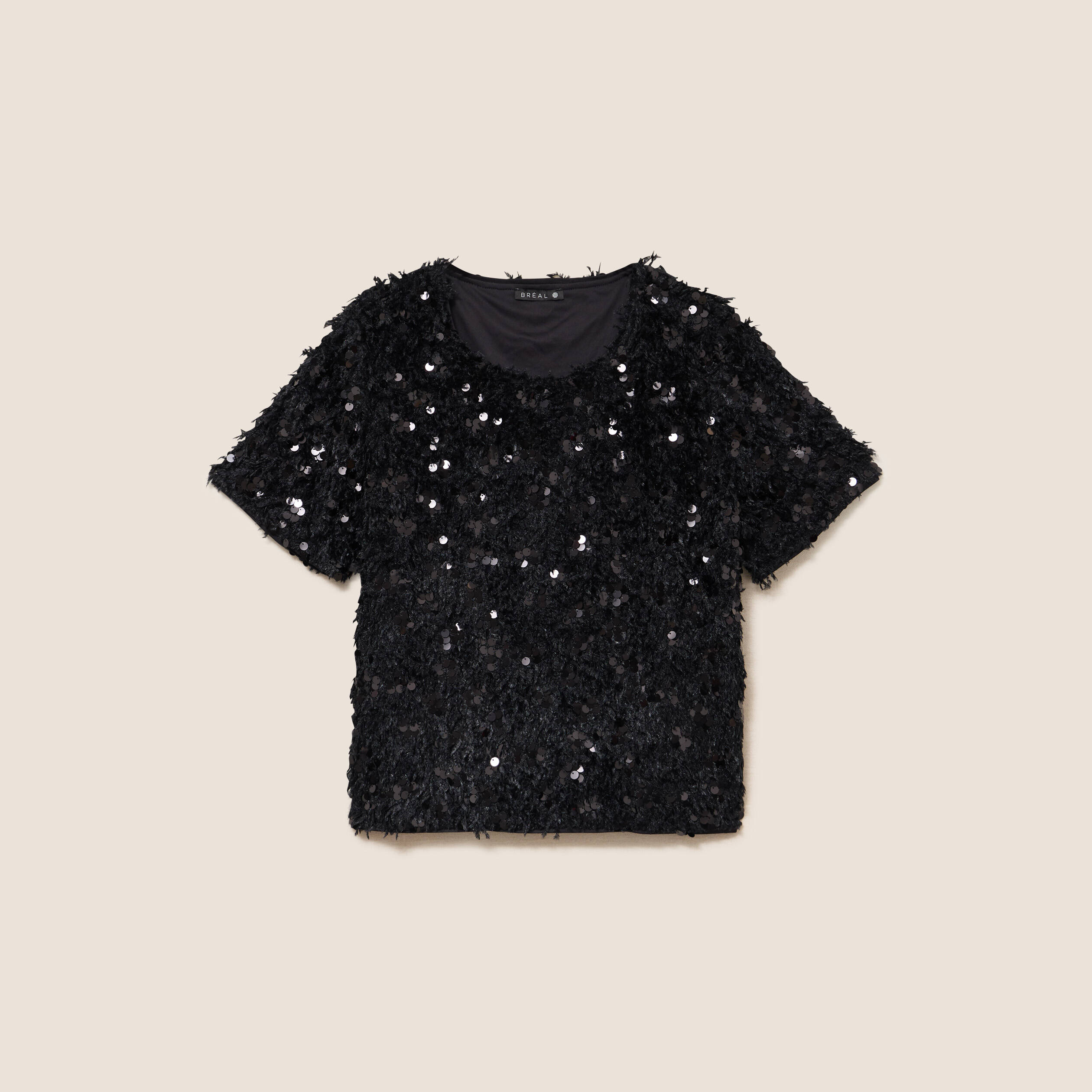 T-shirt &agrave; sequins manches courtes noir femme