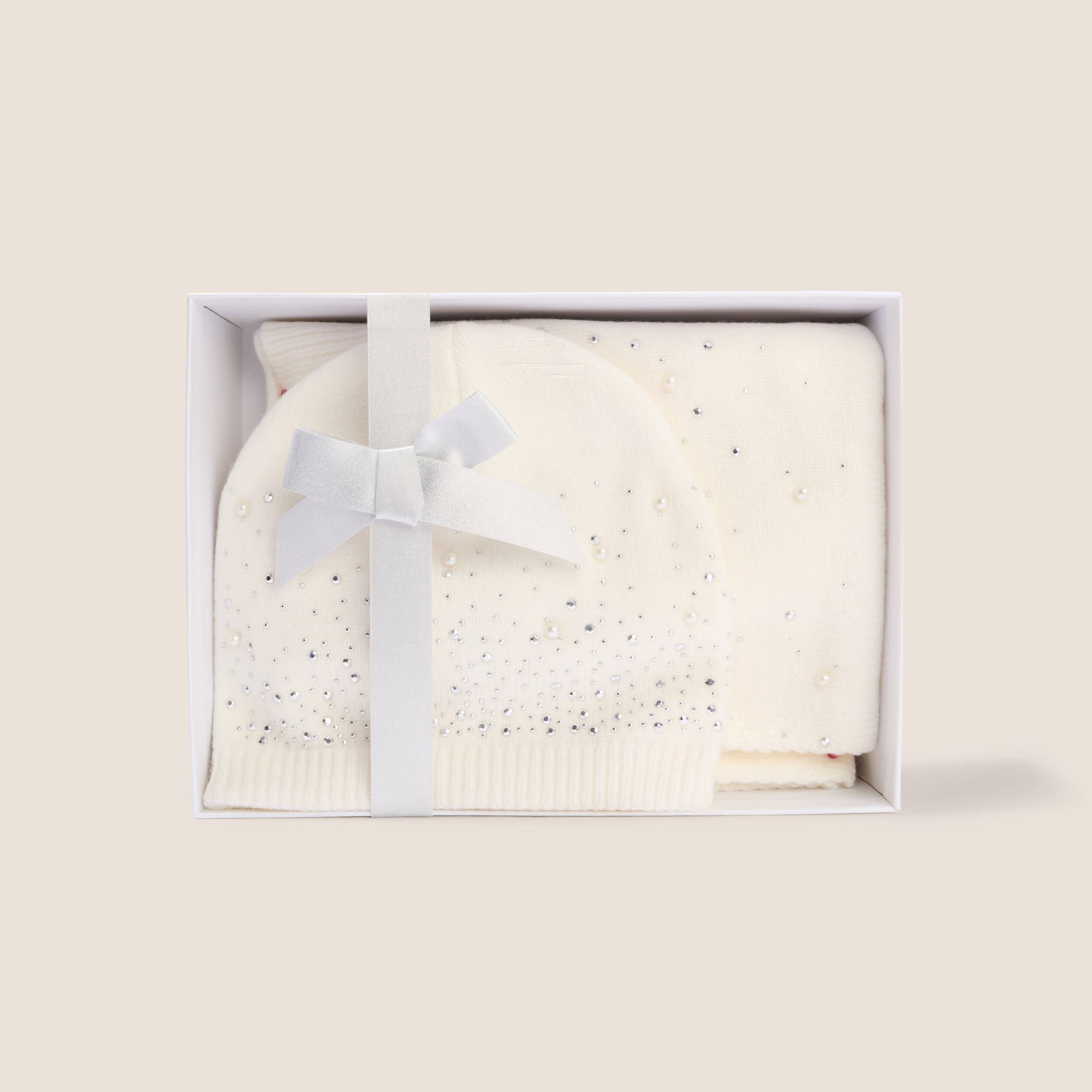 Coffret &eacute;charpe et bonnet &agrave; strass ecru femme