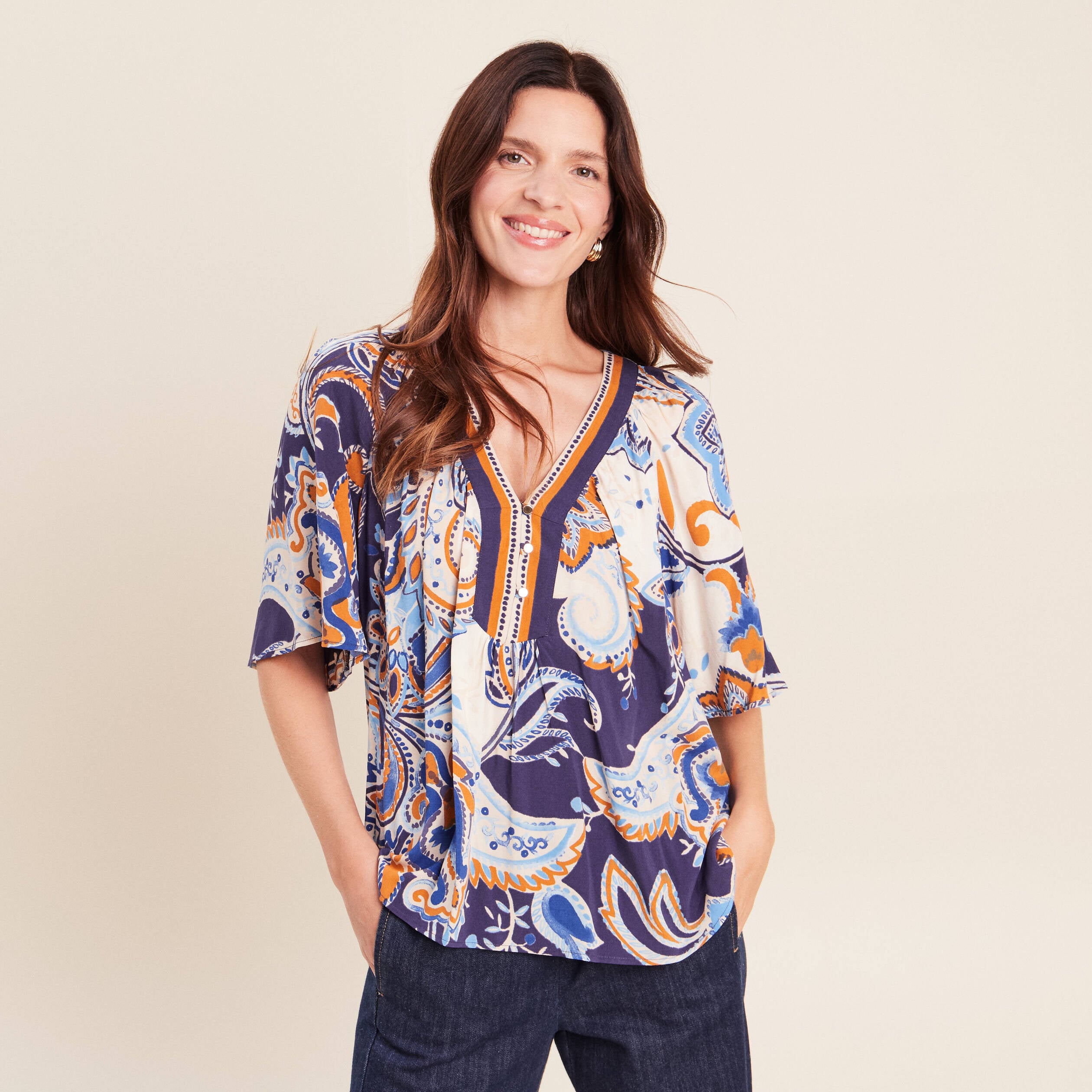 Blouse ample col v manches 3/4 bleu femme