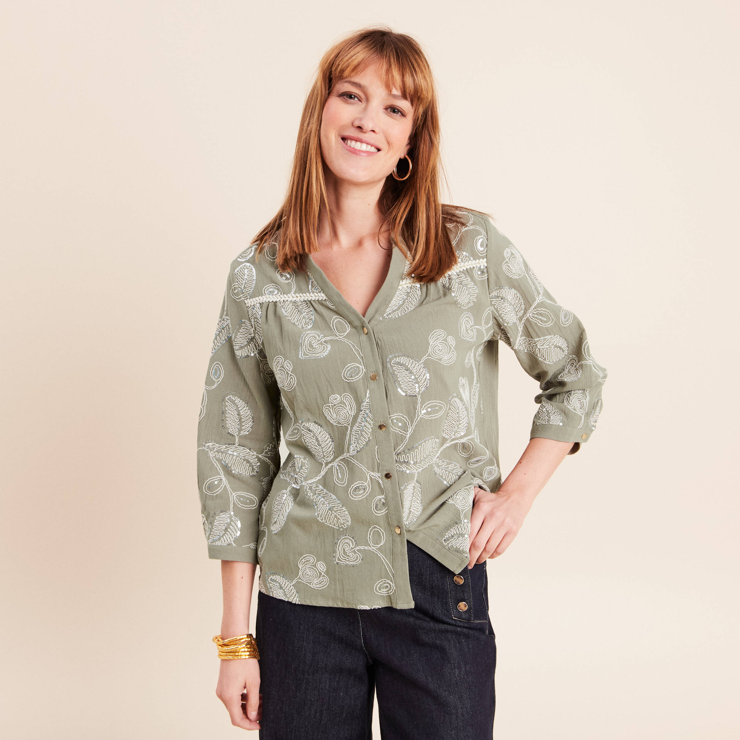 Blouse col tunisien manches 3/4 vert femme