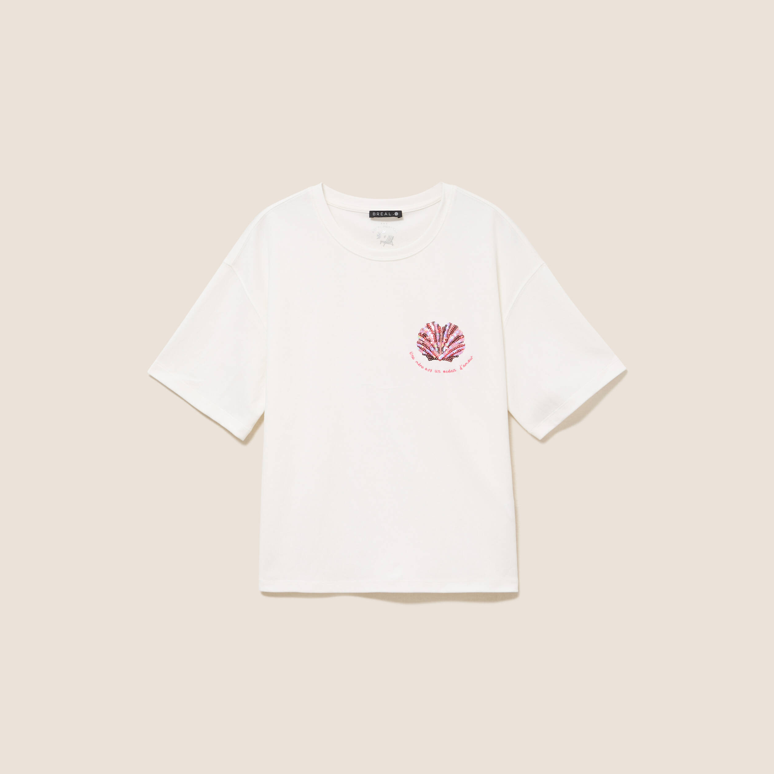 T-shirt col rond manches courtes sequins ecru femme