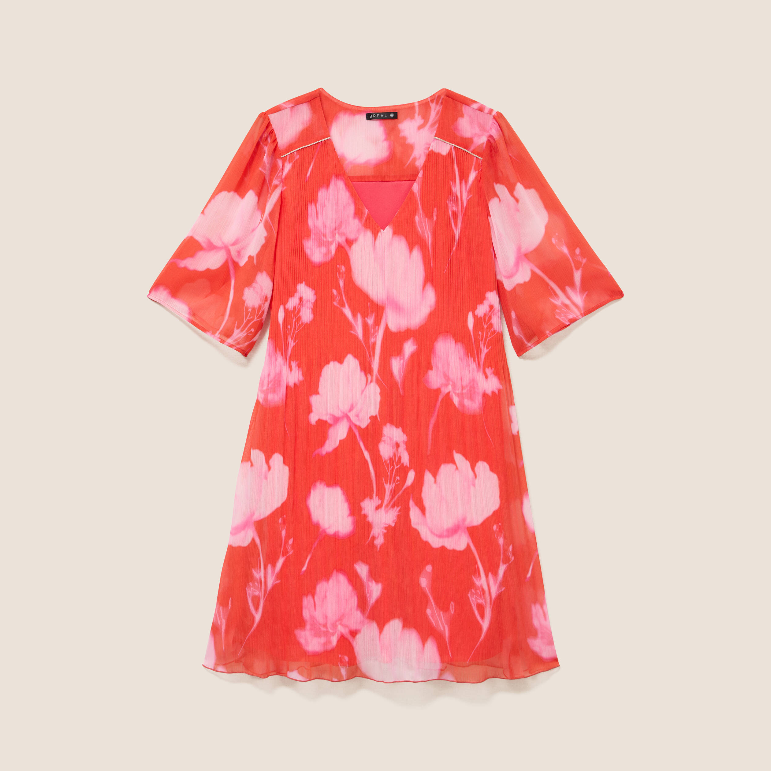 Robe courte &eacute;vas&eacute;e col v manches coudes rouge femme