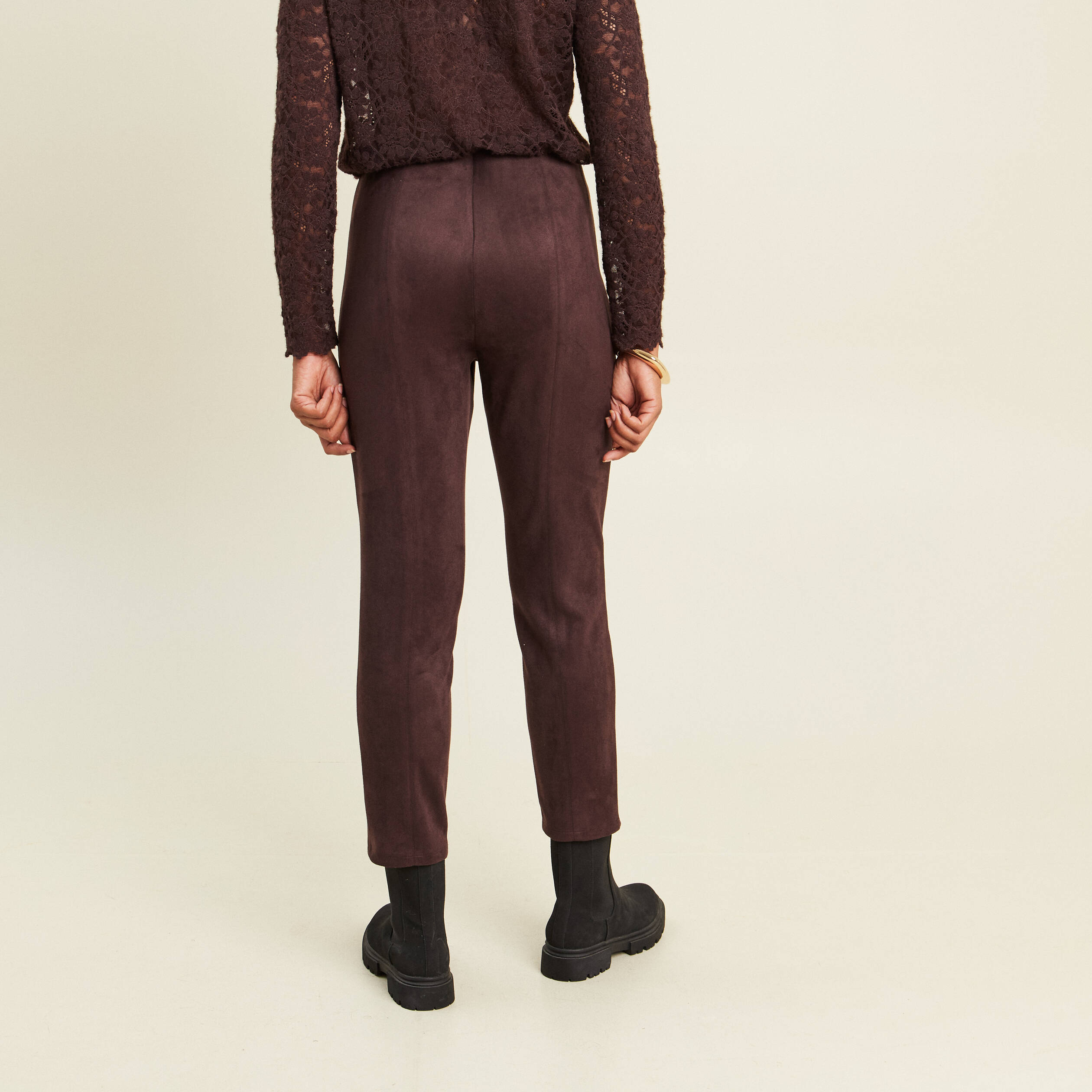 Legging 7/8&egrave;me taille haute aspect daim marron fonc&eacute; femme