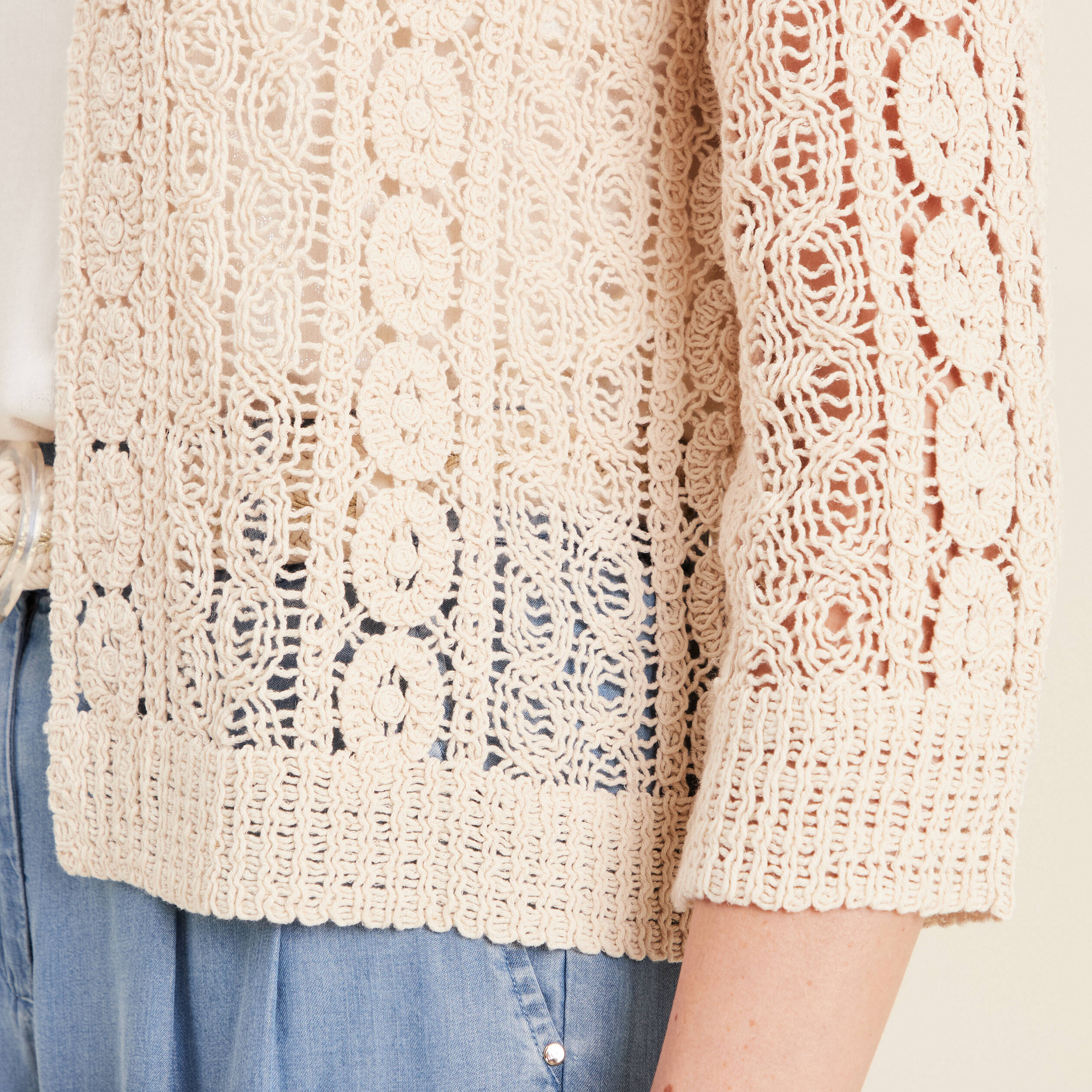 Gilet manches 3/4 ajour&eacute; ecru femme