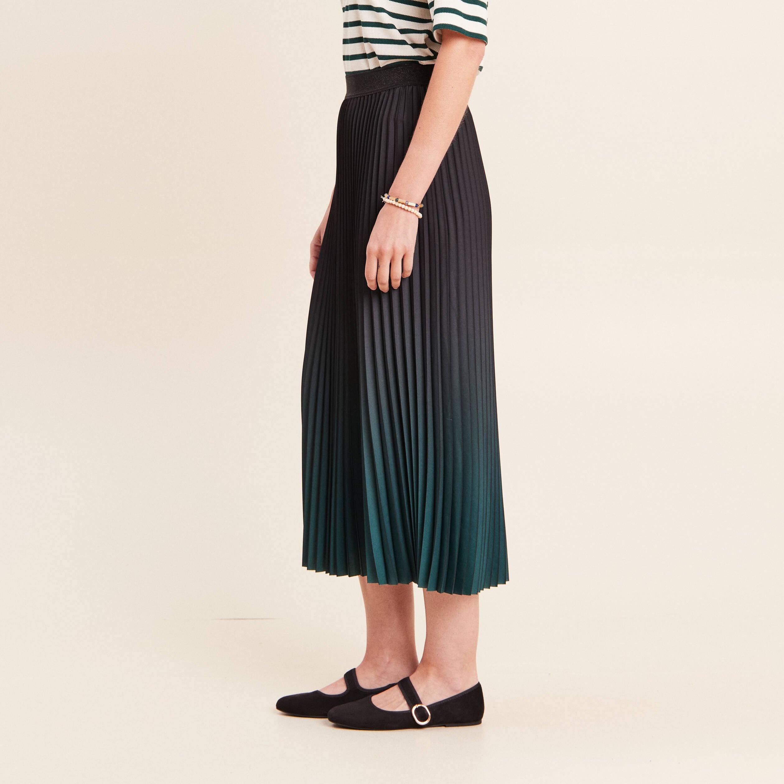 Jupe midi patineuse pliss&eacute;e vert fonc&eacute; femme