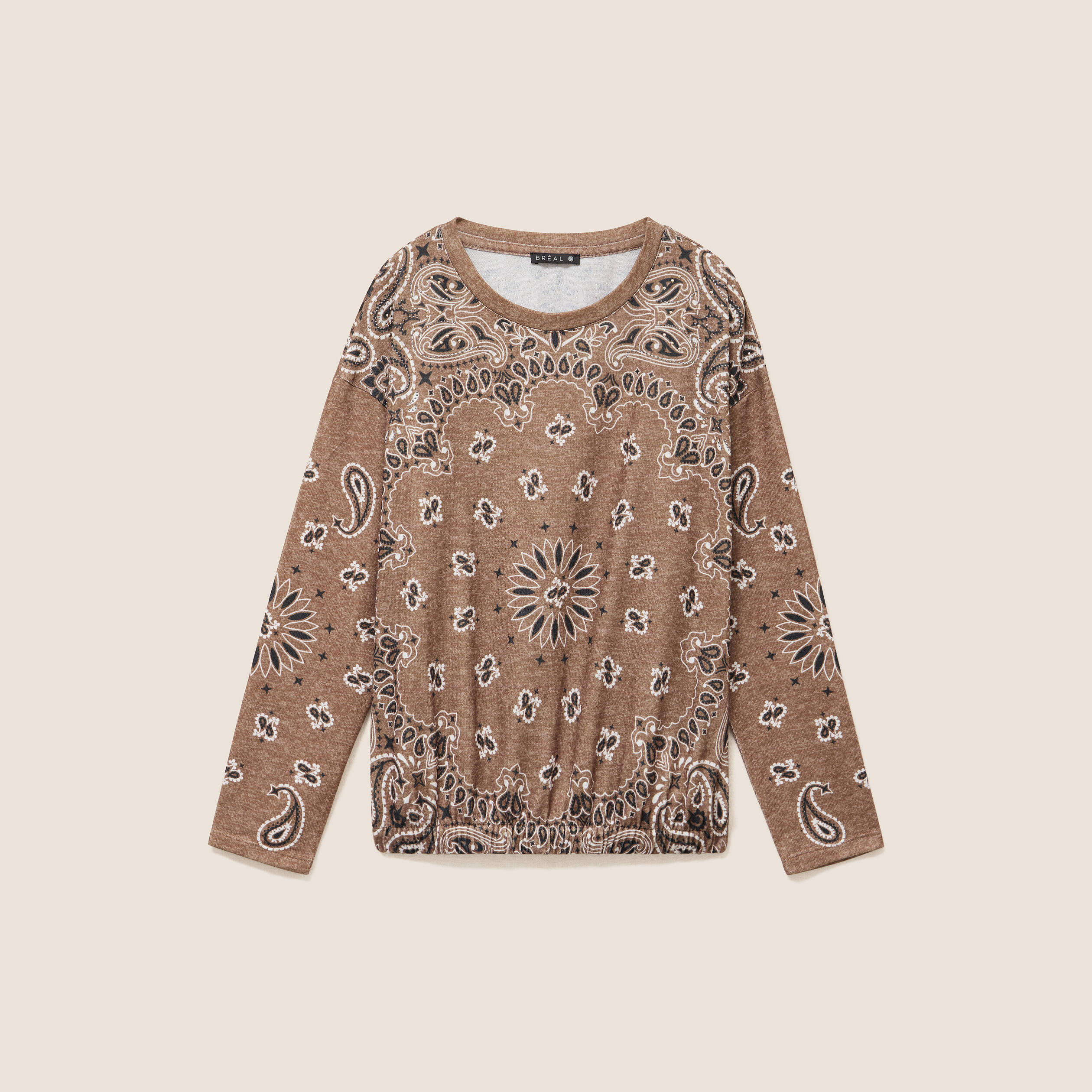 Pull col rond manches longues strass marron femme