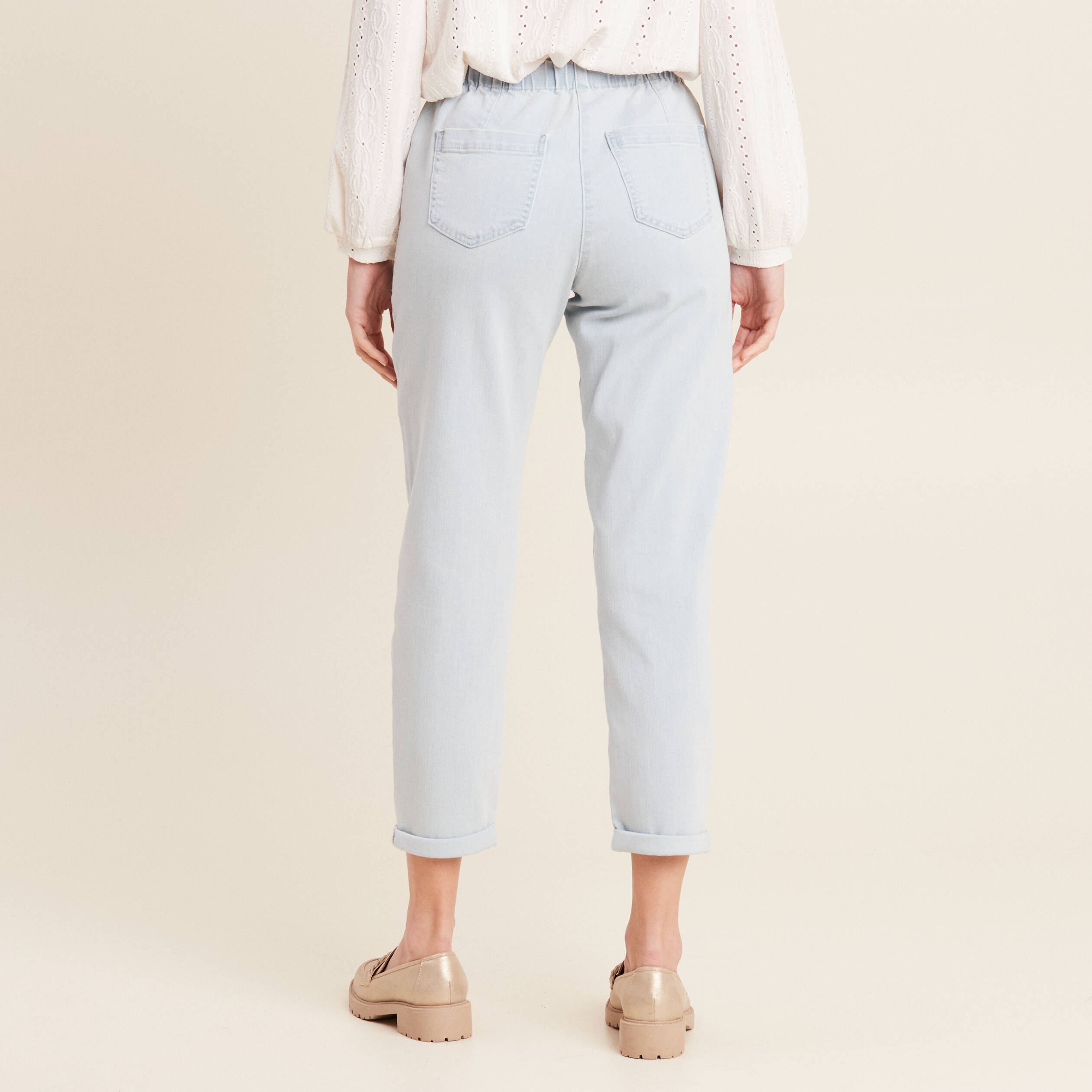 jean large a coulisse denim bleach femme Jean large à coulisse denim bleach femme