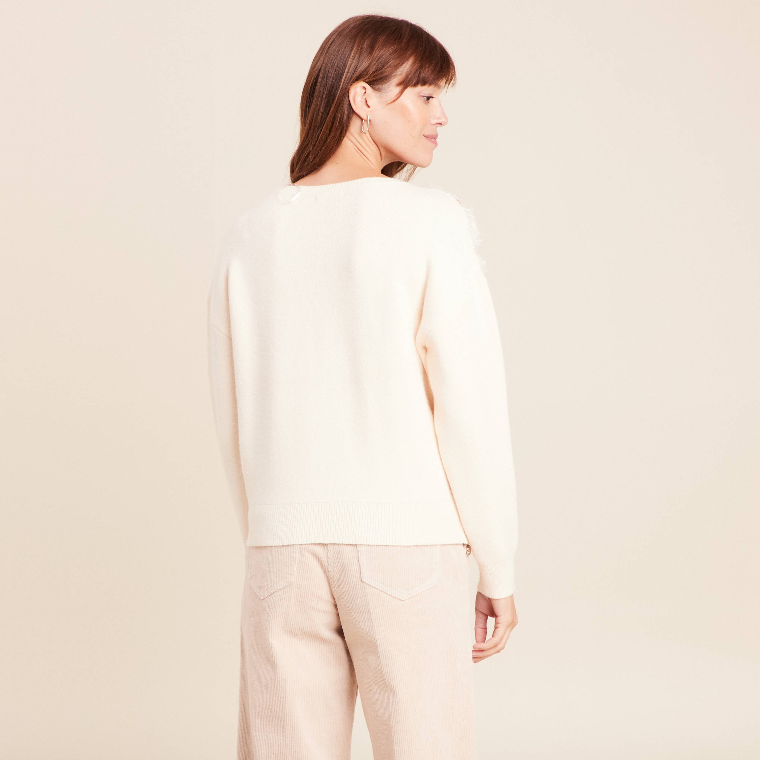 Pull col rond manches longues doubl&eacute; ecru femme