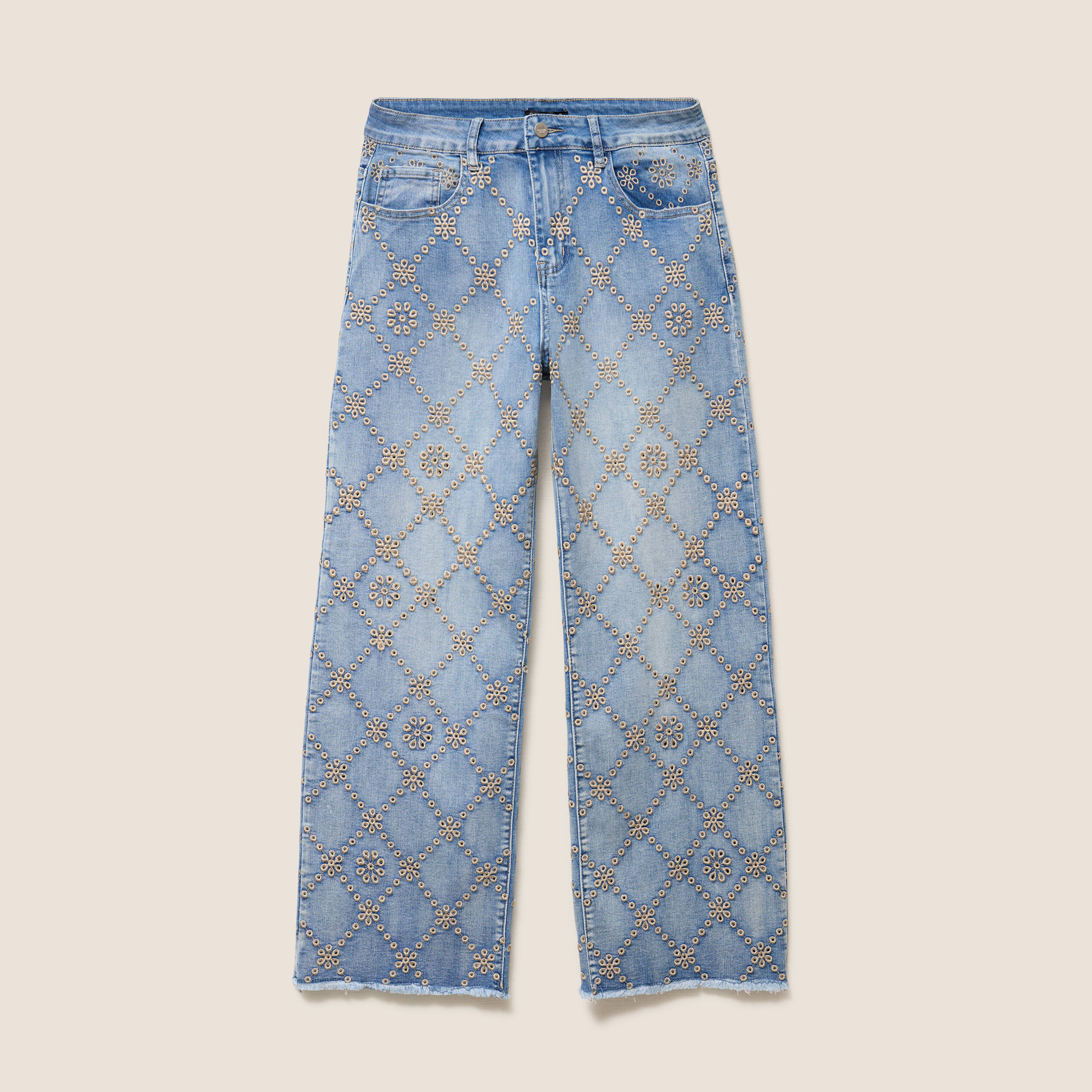 Jean taille haute avec broderie blanc femme