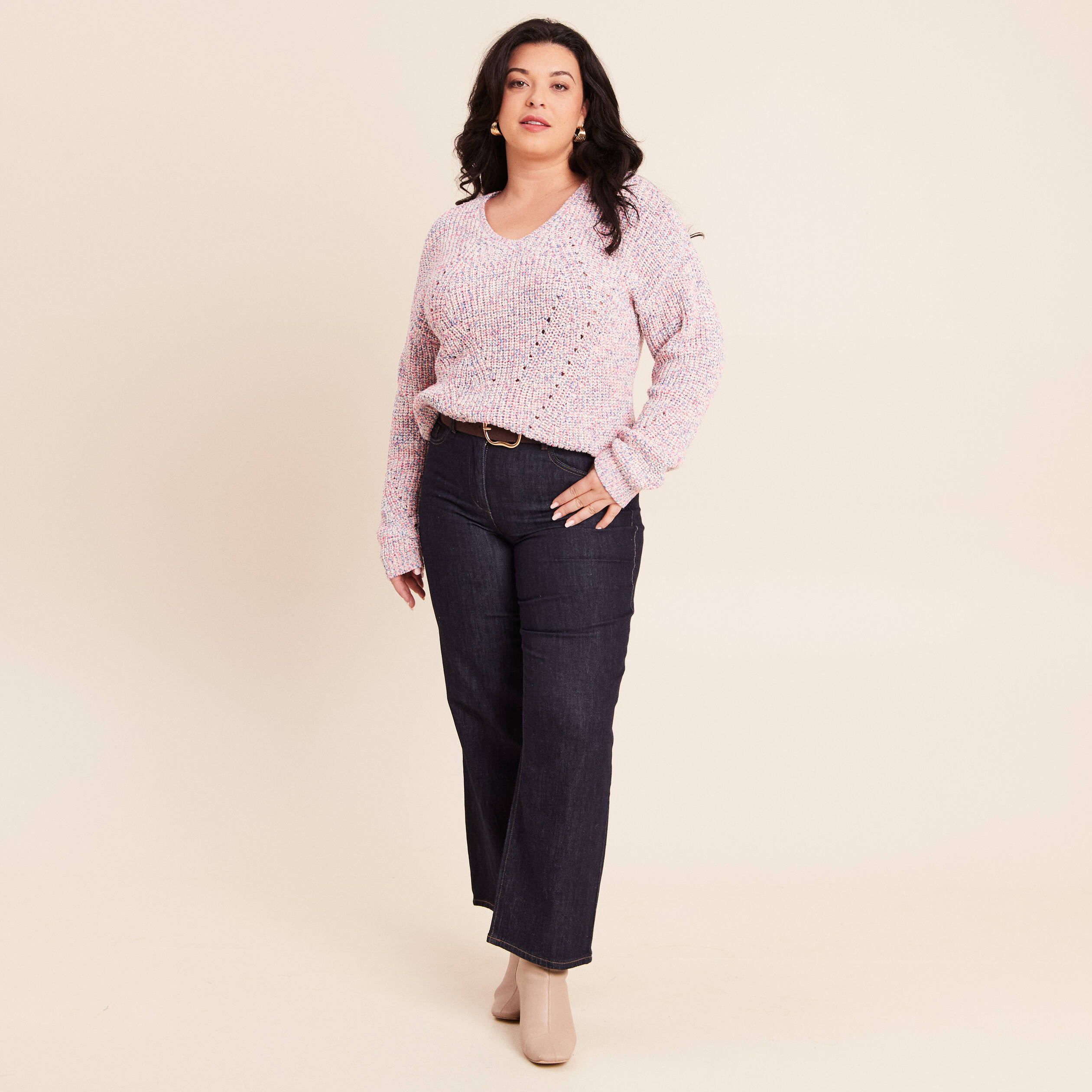 Pull droit long col v manches longues rose fushia femme