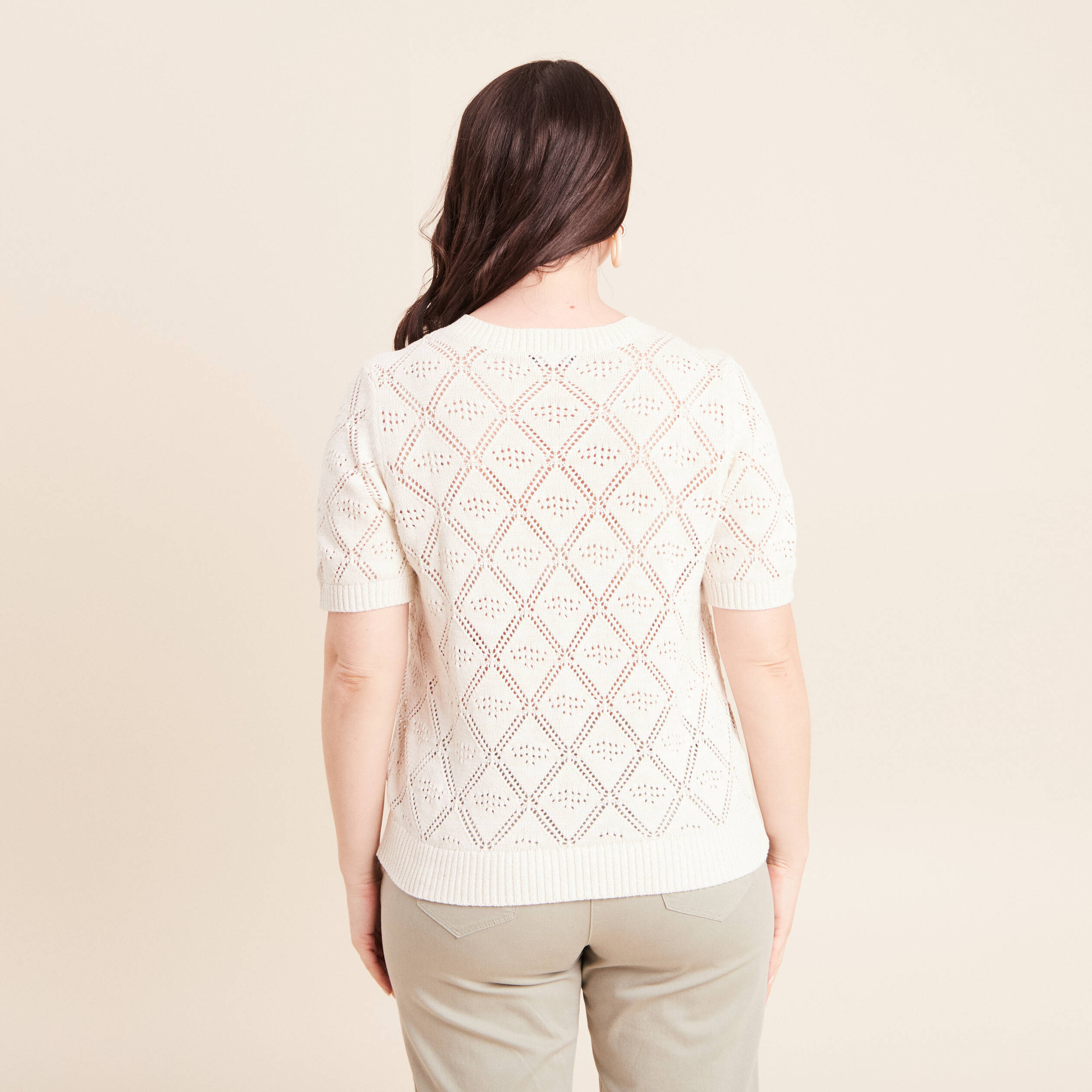 Pull droit court manches courtes ecru femme