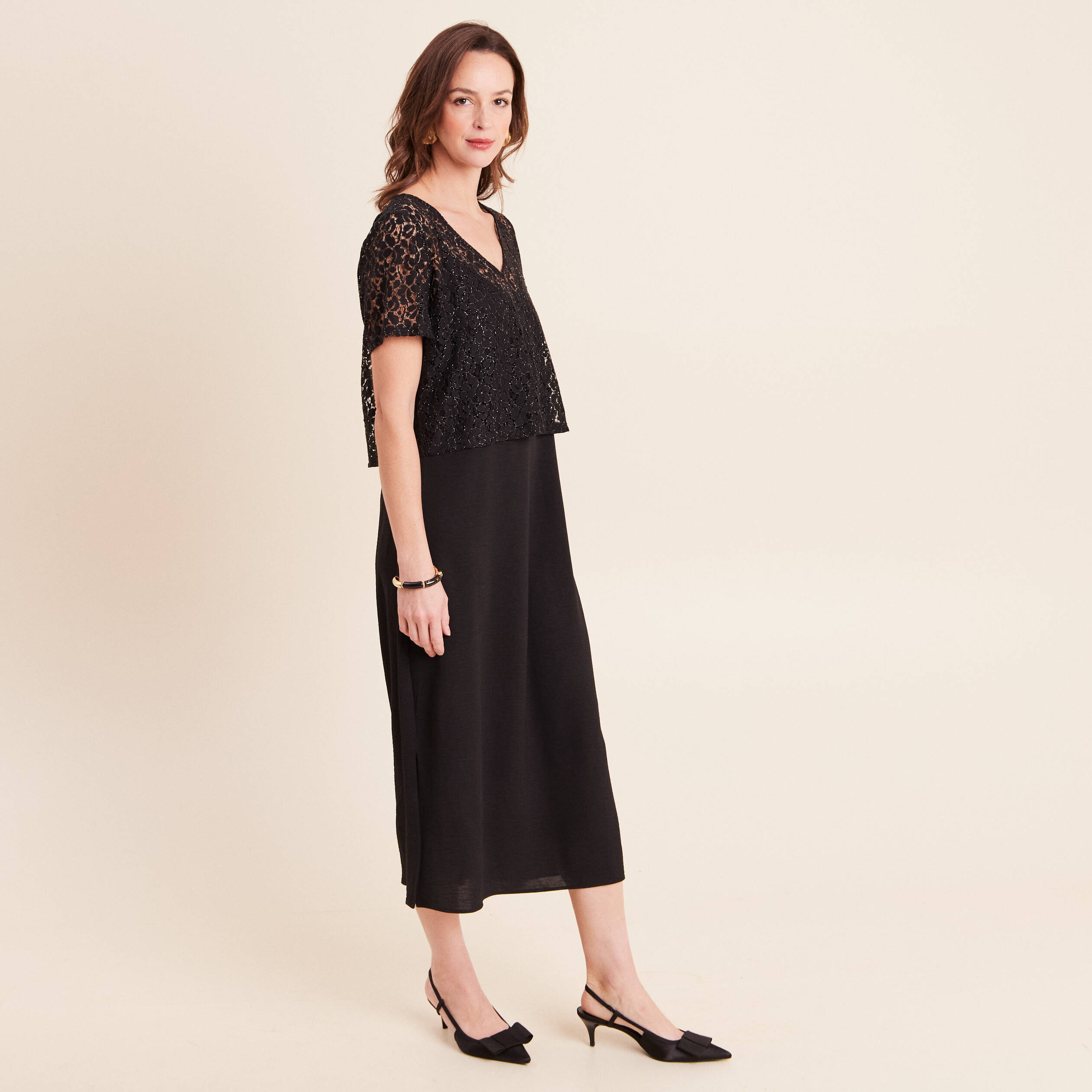 Robe longue &eacute;vas&eacute;e 2 en 1 col rond noir femme