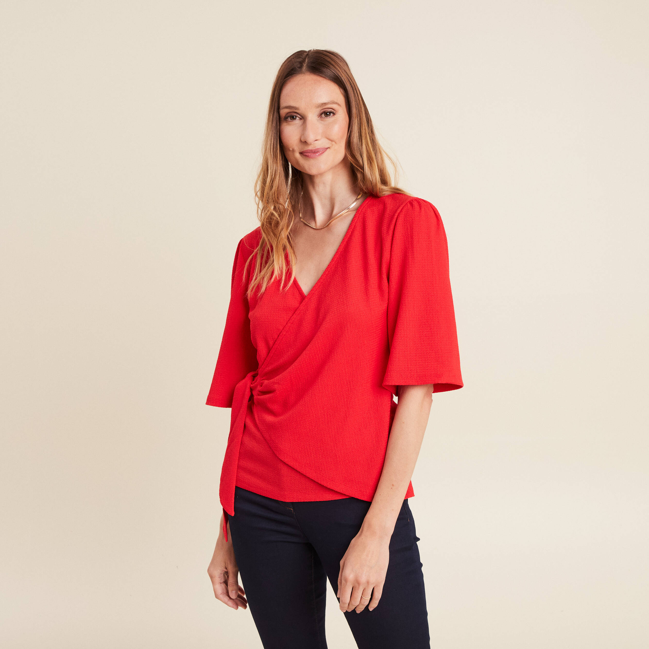 blouse col v manches coude rouge femme Blouse col V manches coude rouge femme