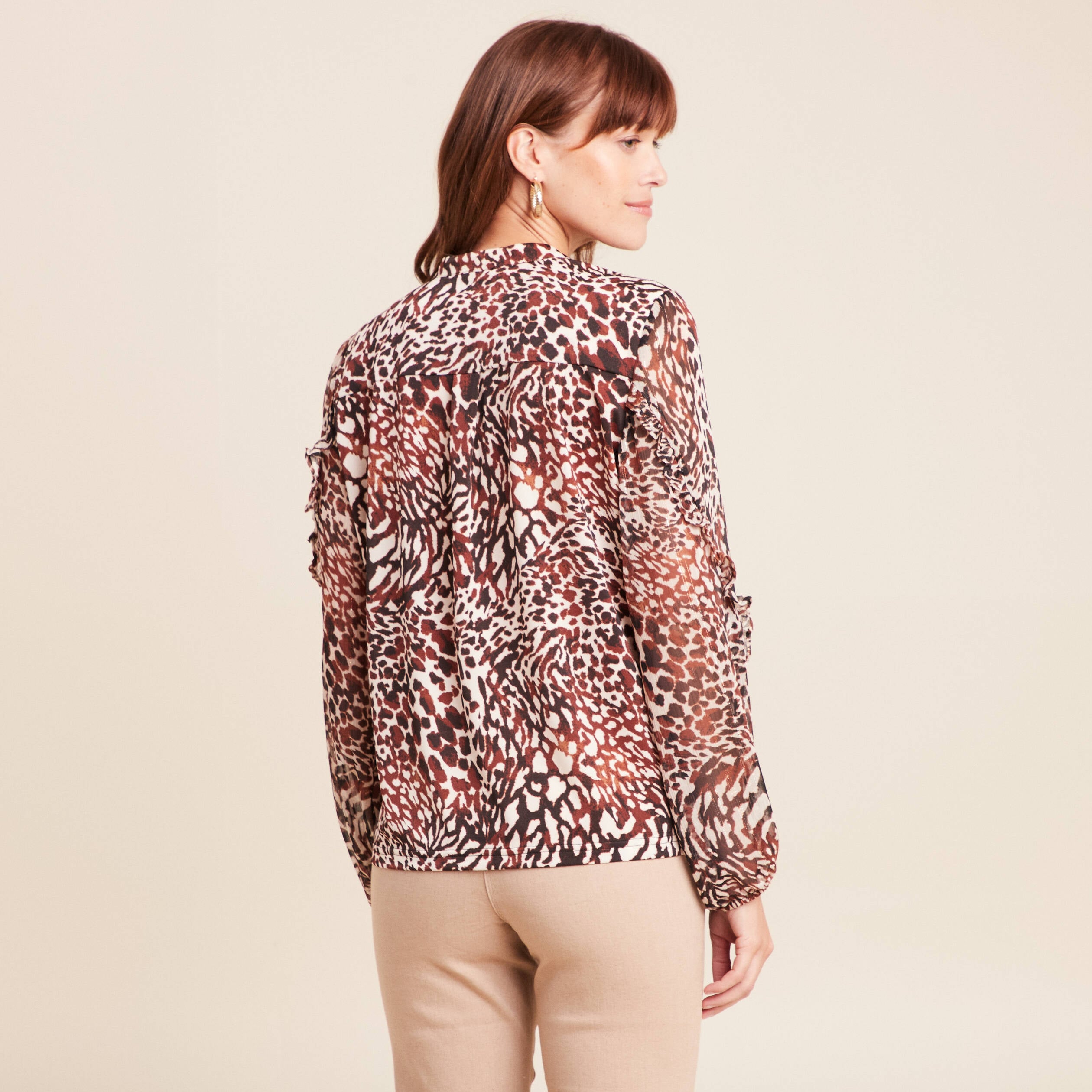 T-shirt manches longues col nou&eacute; marron femme
