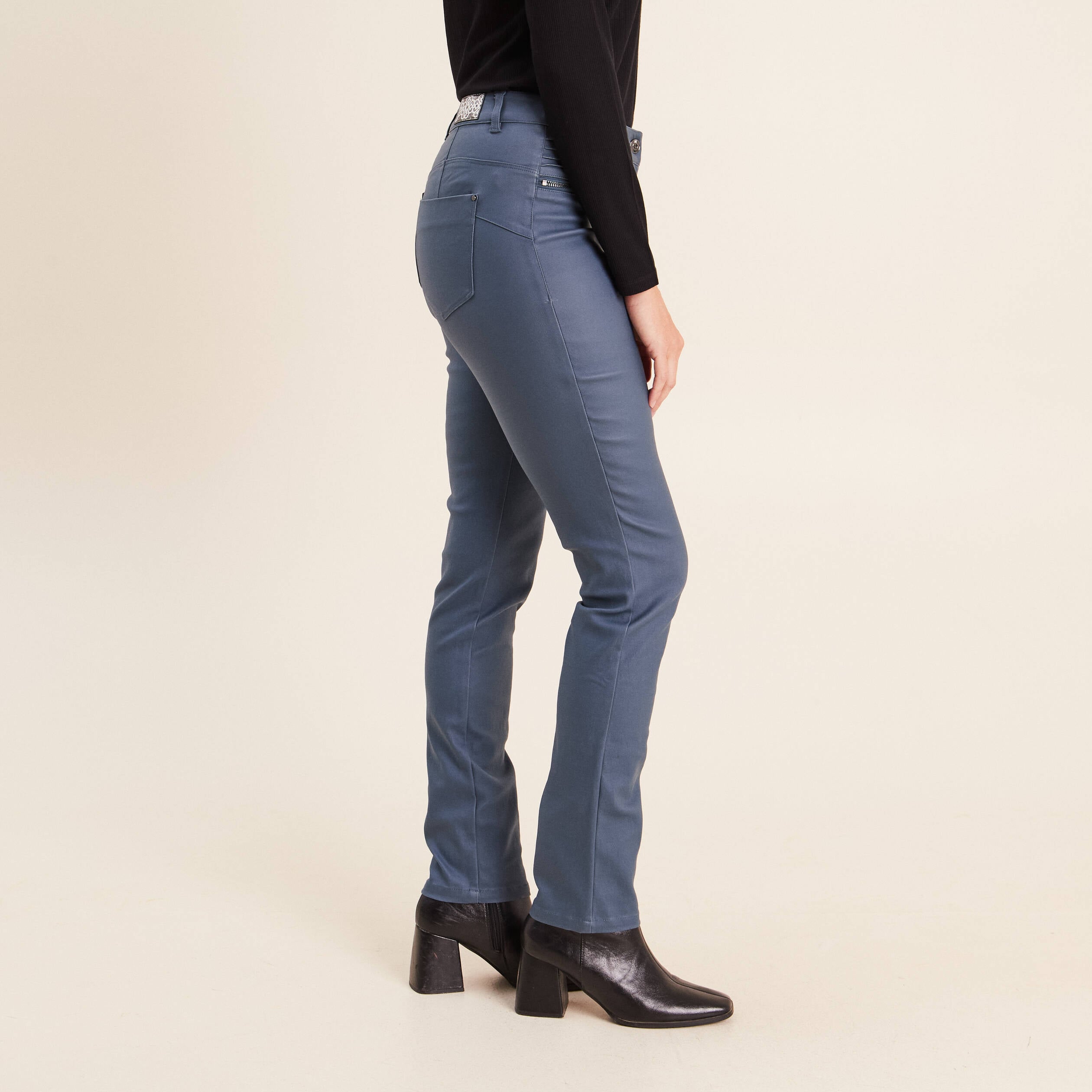 Pantalon enduit ajust&eacute; taille bascul&eacute;e bleu fonc&eacute; femme