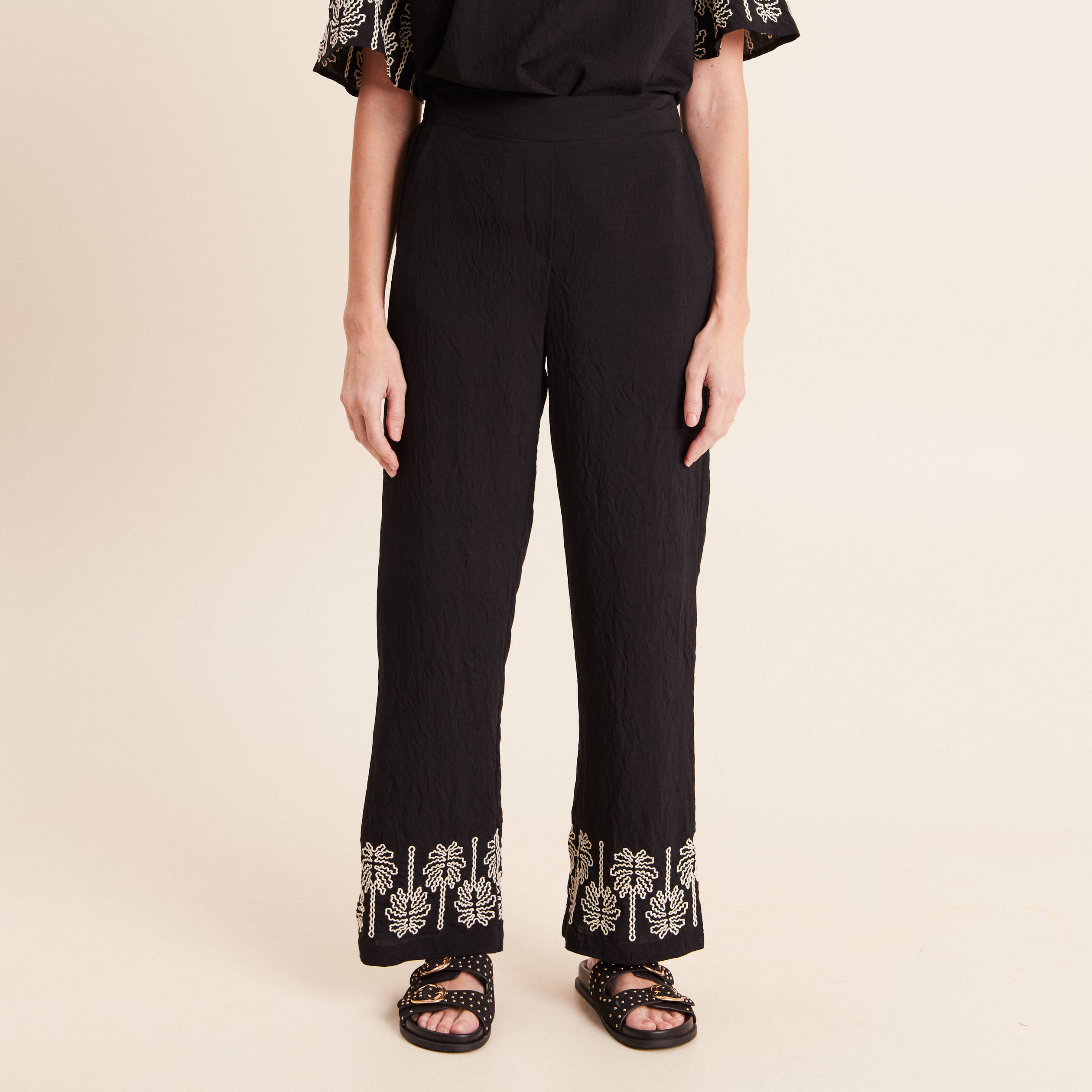 Pantalon large 7/8&egrave;me taille haute noir femme