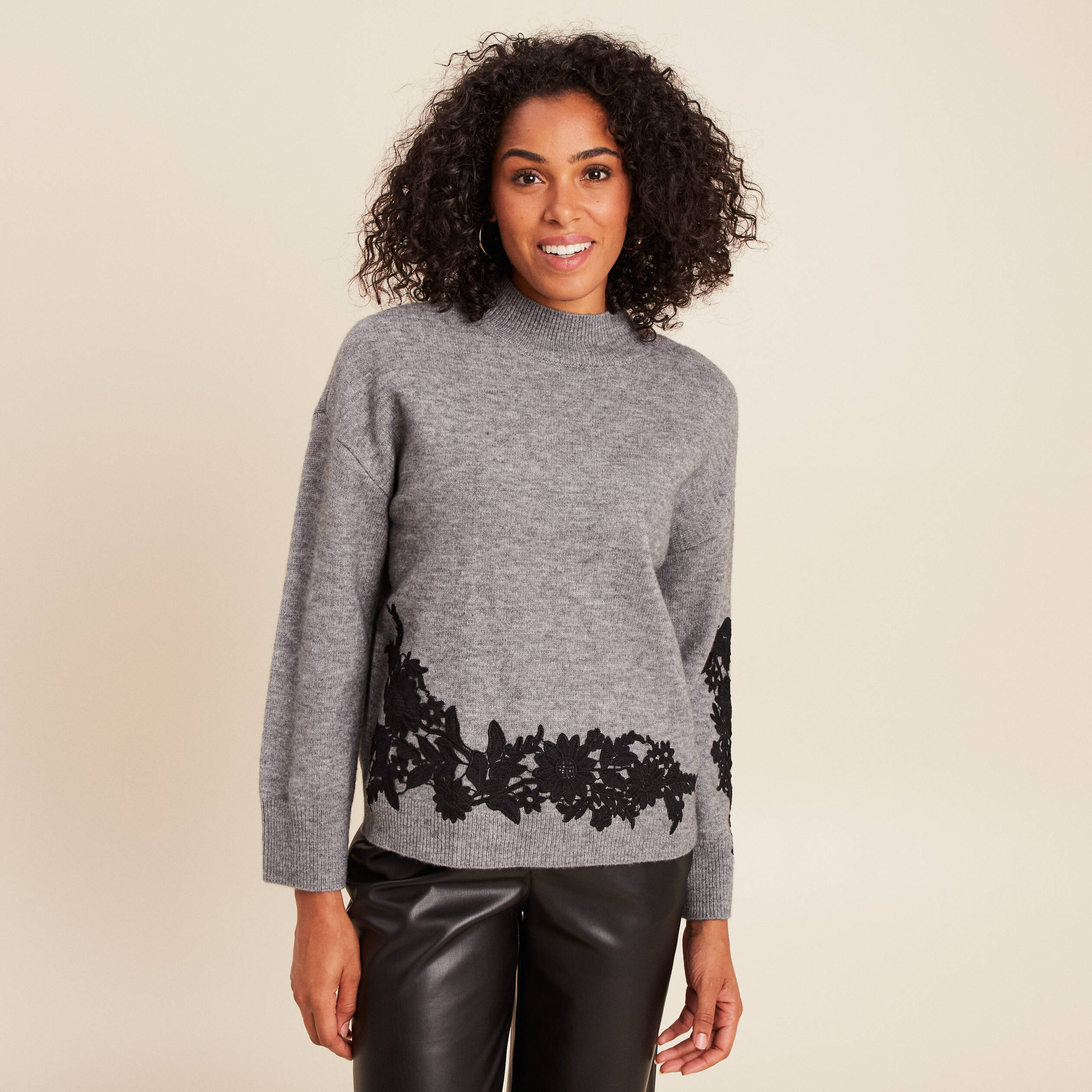 Pull col v manches longues dentelle gris foncé femme Vibs