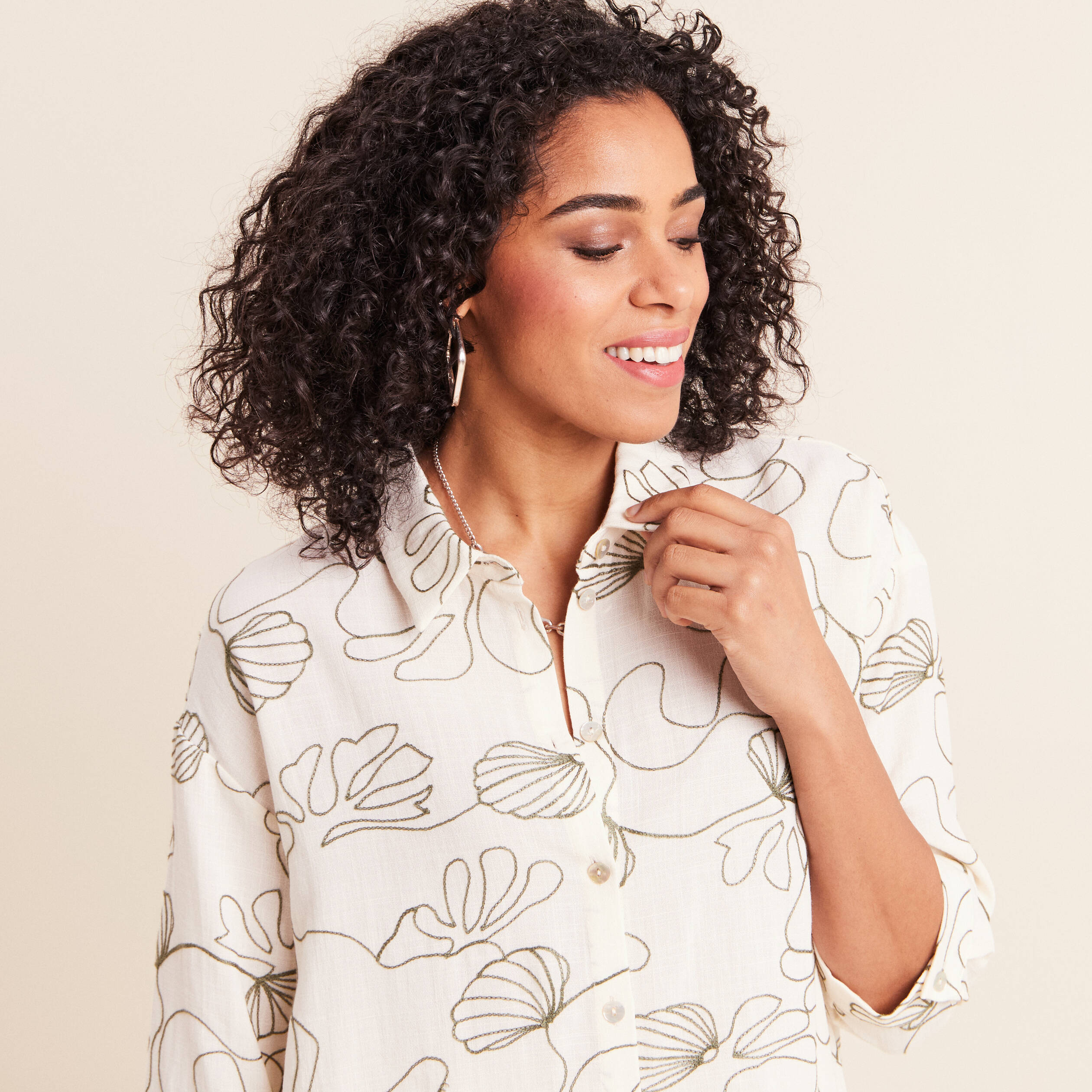 Chemise broderie col chemise manches 3/4 vert femme