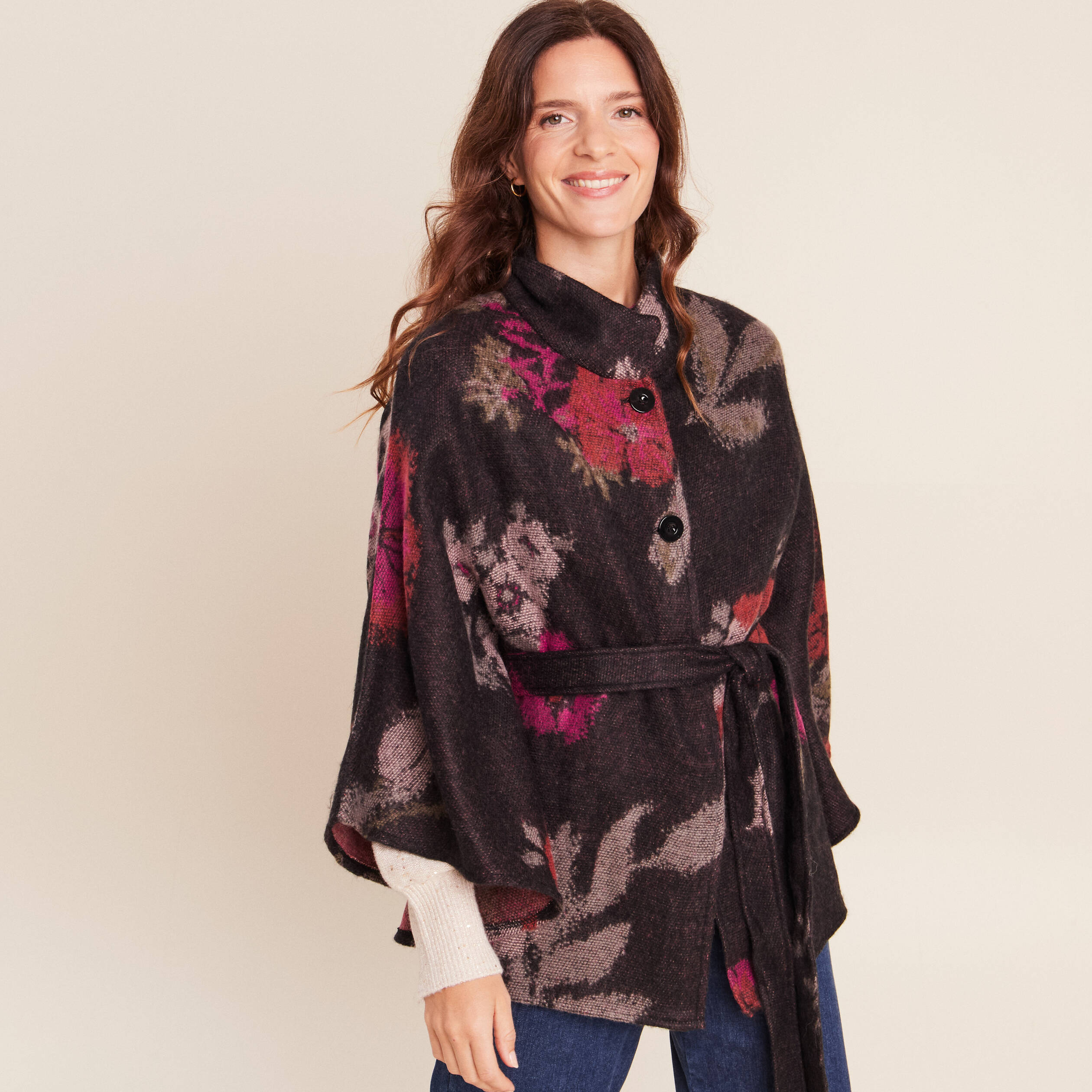 Poncho ceintur&eacute; jacquard multicolore femme