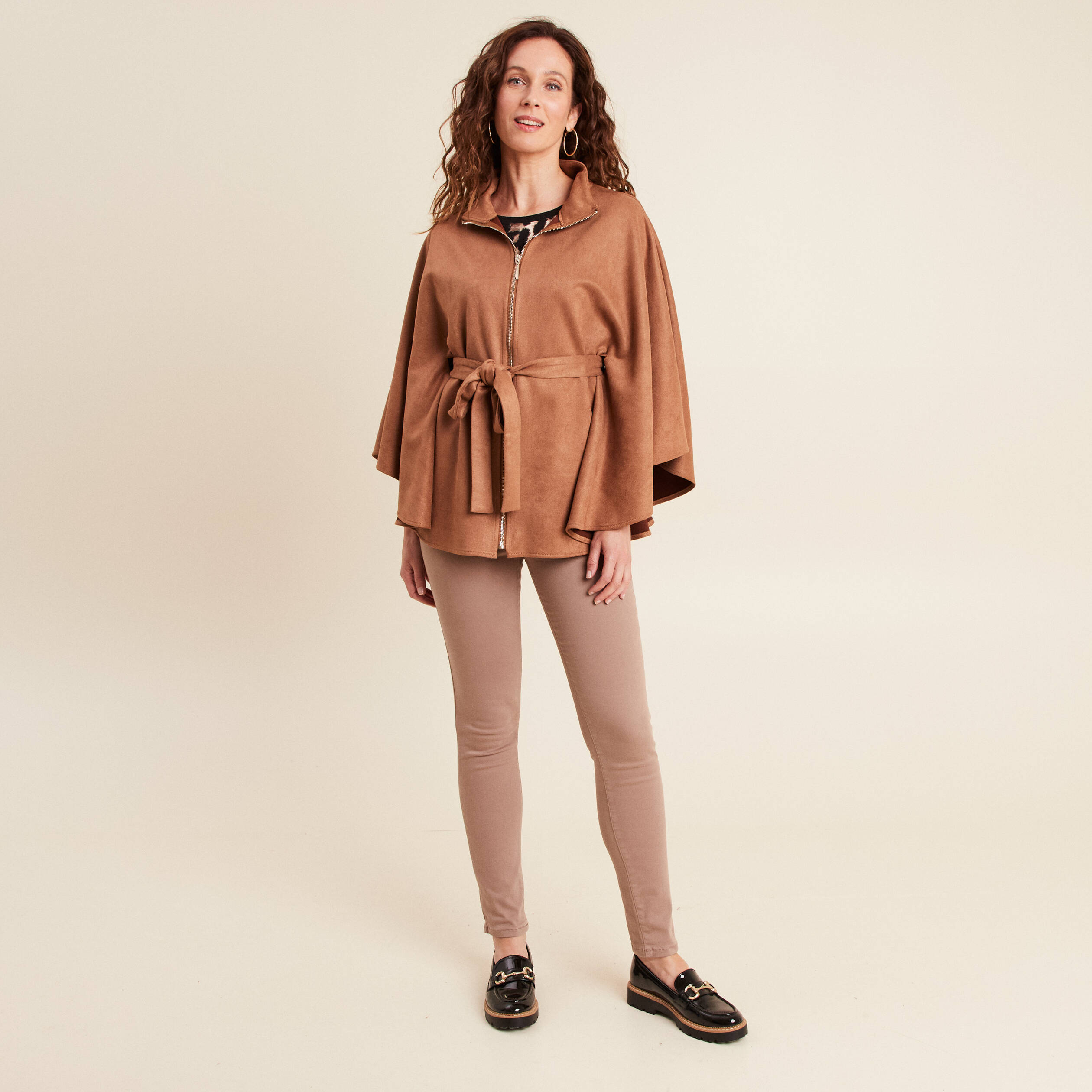 Poncho ceintur&eacute; fermeture zipp&eacute;e marron clair femme
