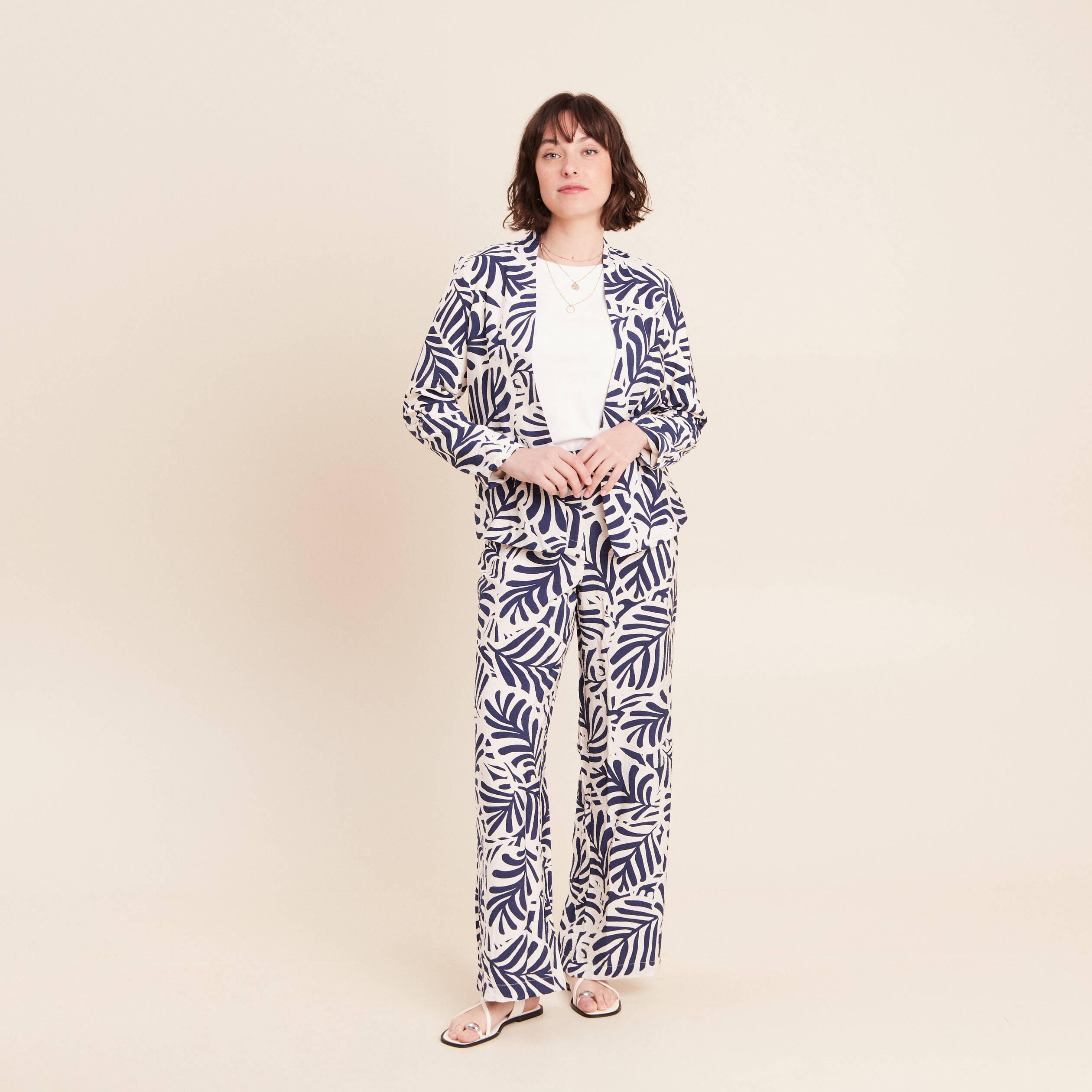 Pantalon fluide taille haute blanc femme
