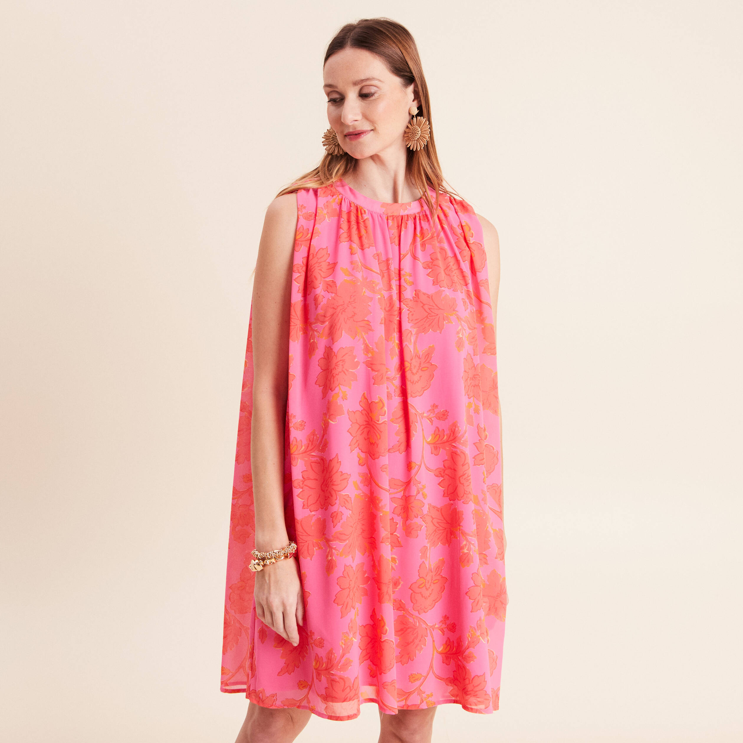 Robe ample courte sans manches doubl&eacute;e rose femme