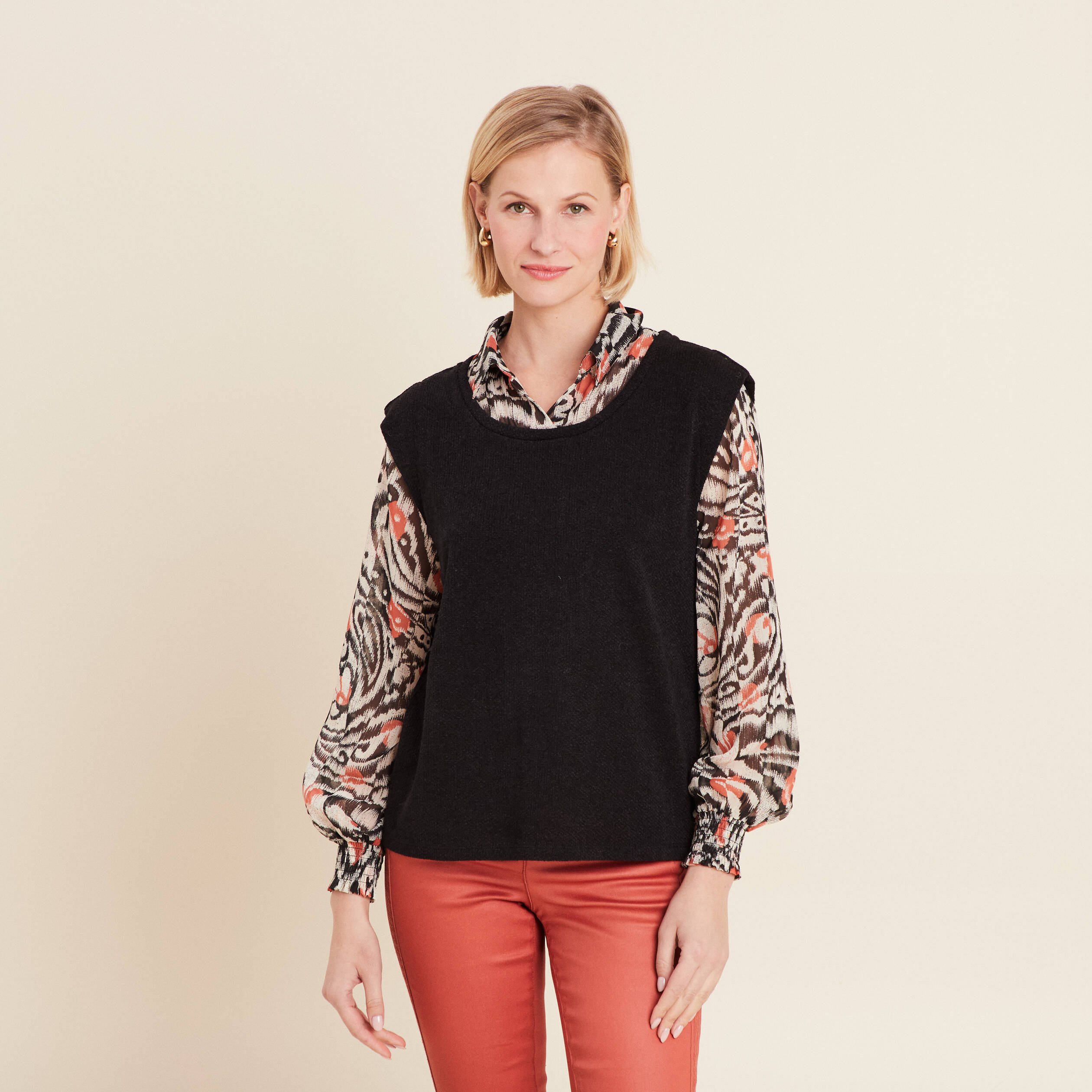 T-shirt manches longues 2-en-1 orange femme