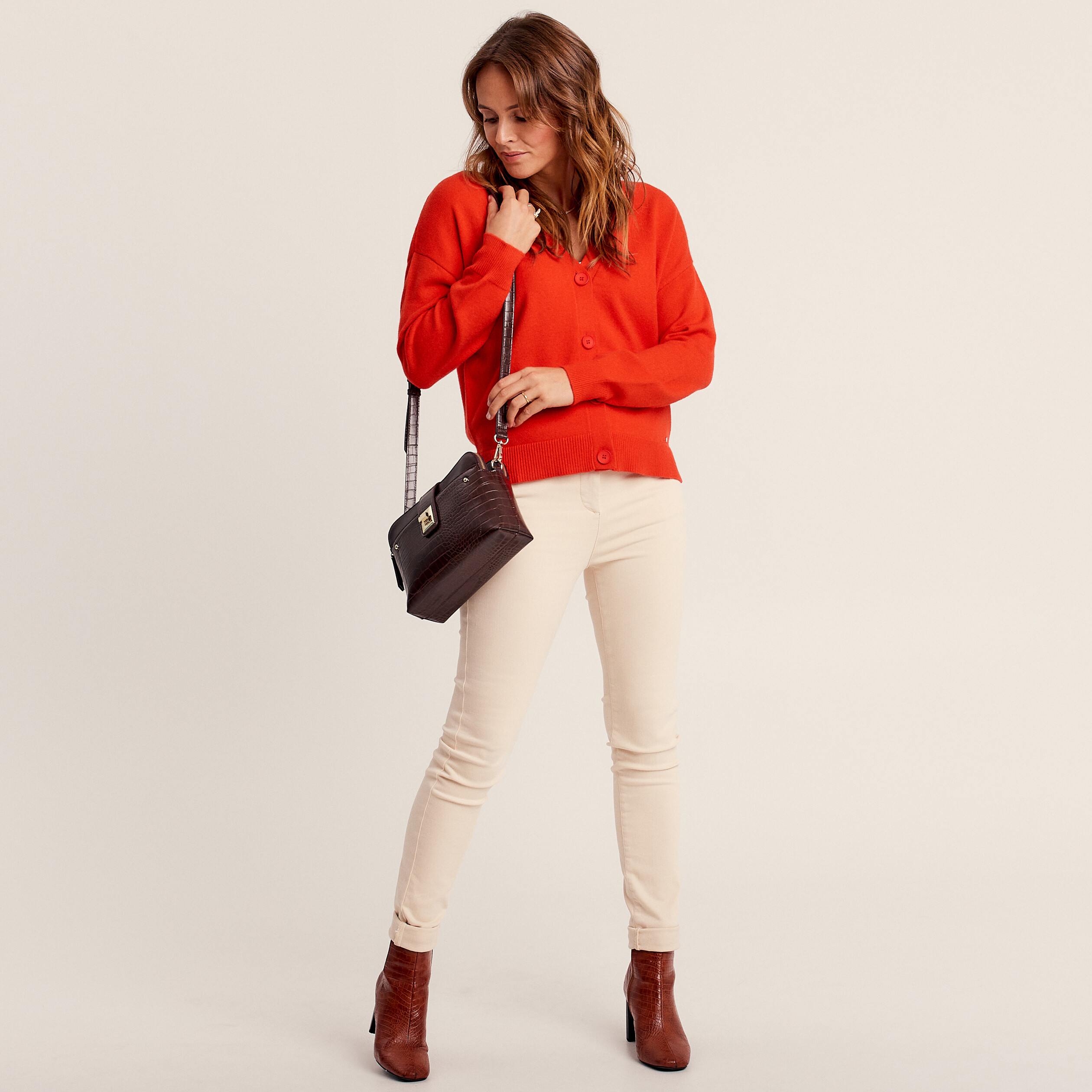 Gilet manches longues col en V orange femme | Vibs