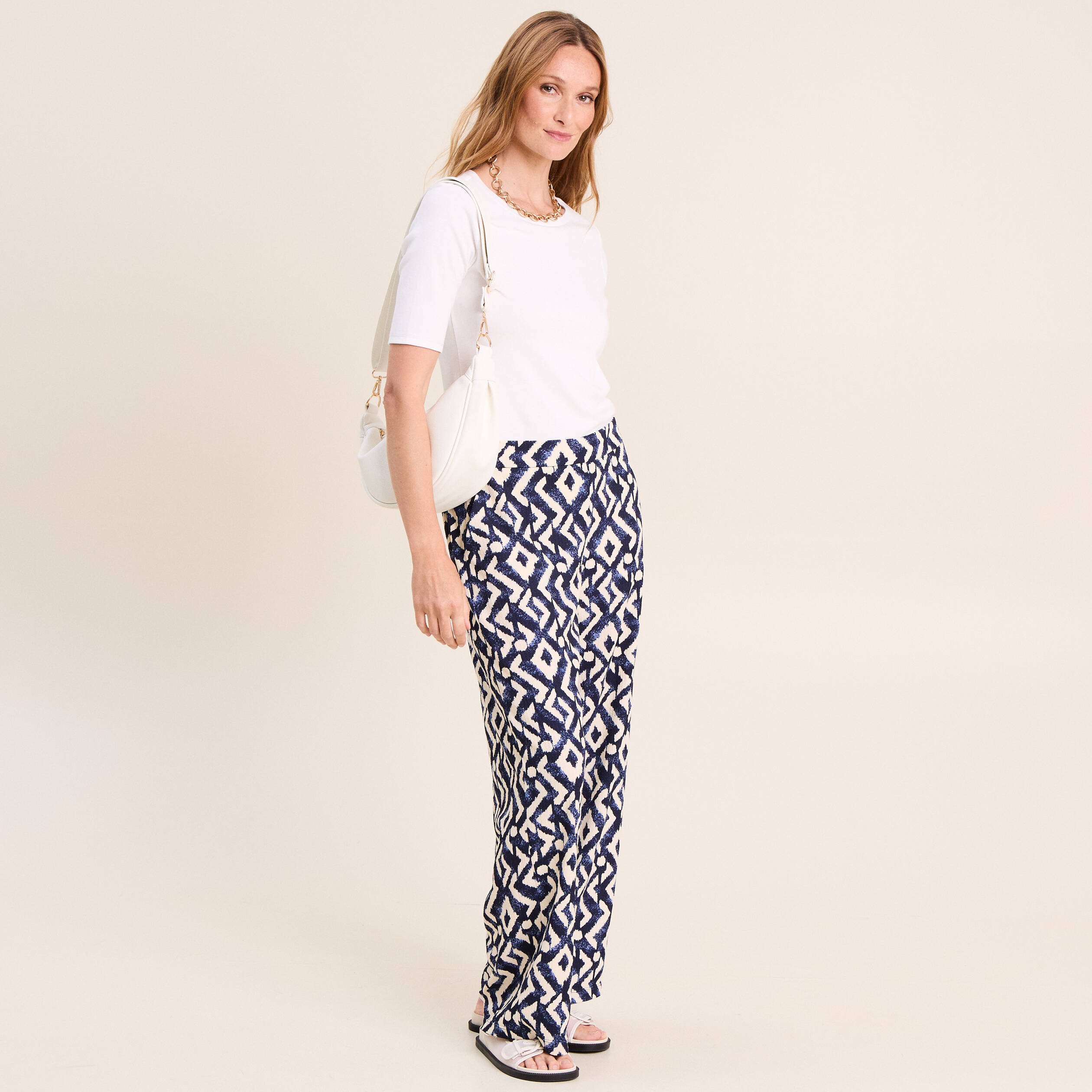 Pantalon large taille haute bleu femme