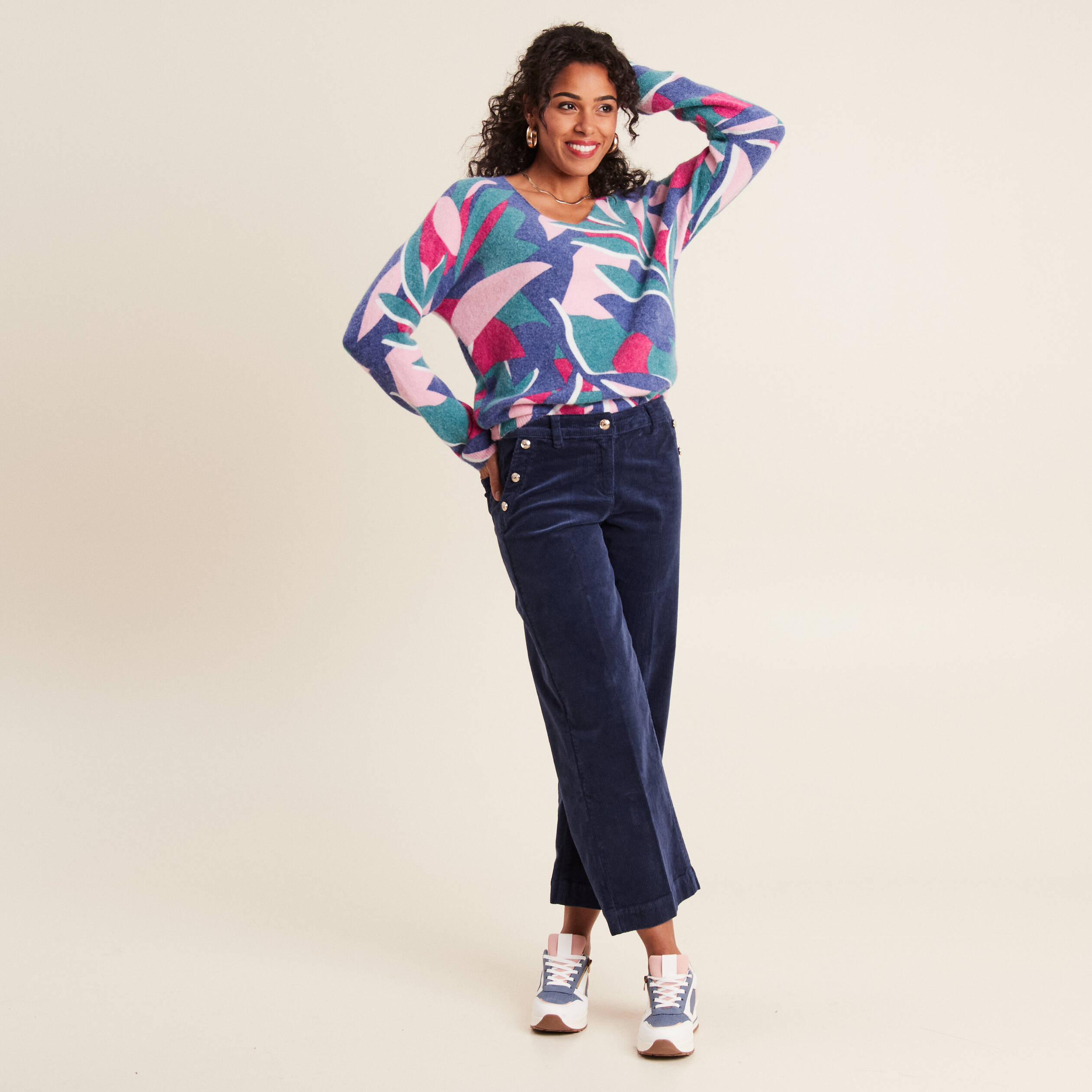 Pantalon large velours c&ocirc;tel&eacute; bleu marine femme