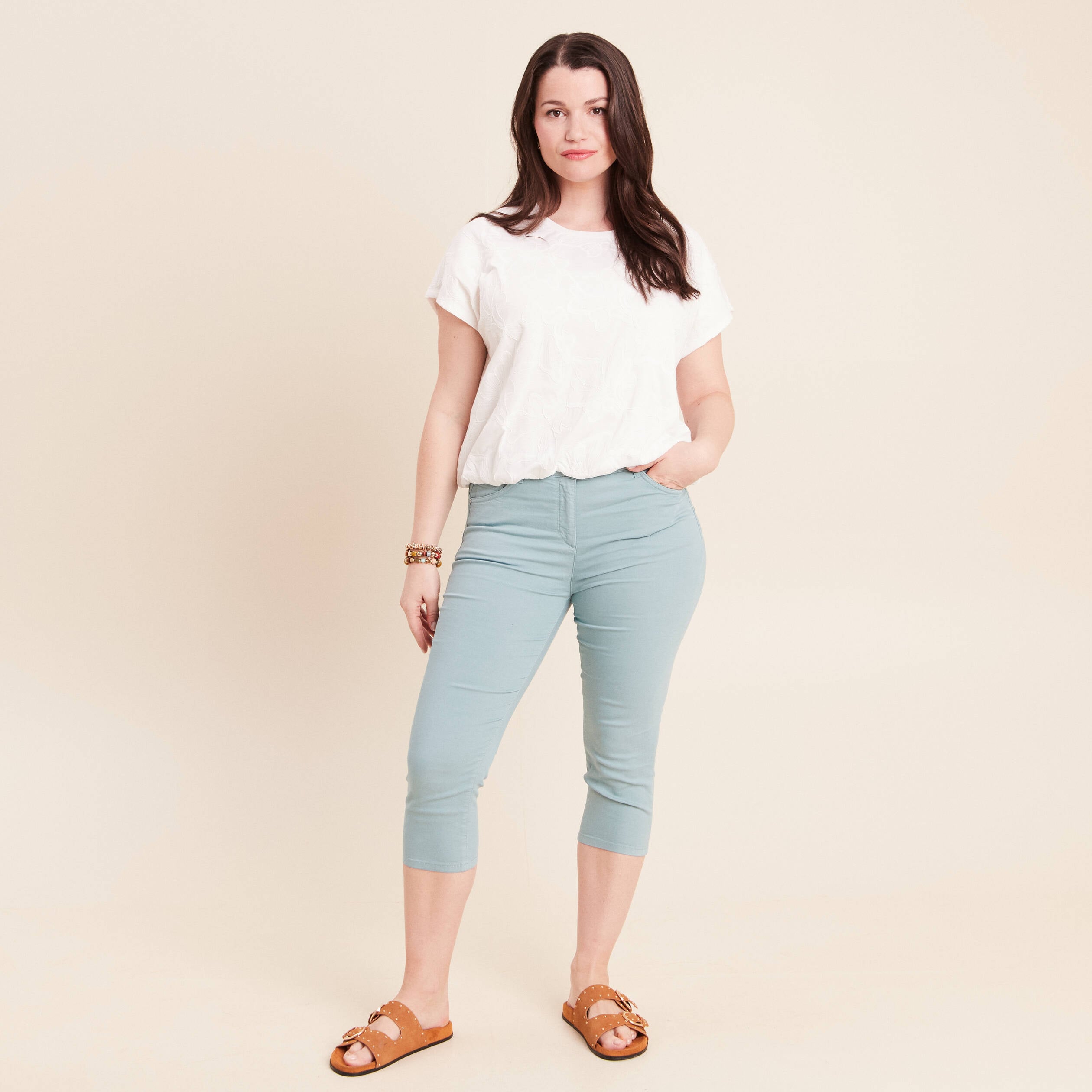 T-shirt col rond manches courtes doubl&eacute;e ecru femme
