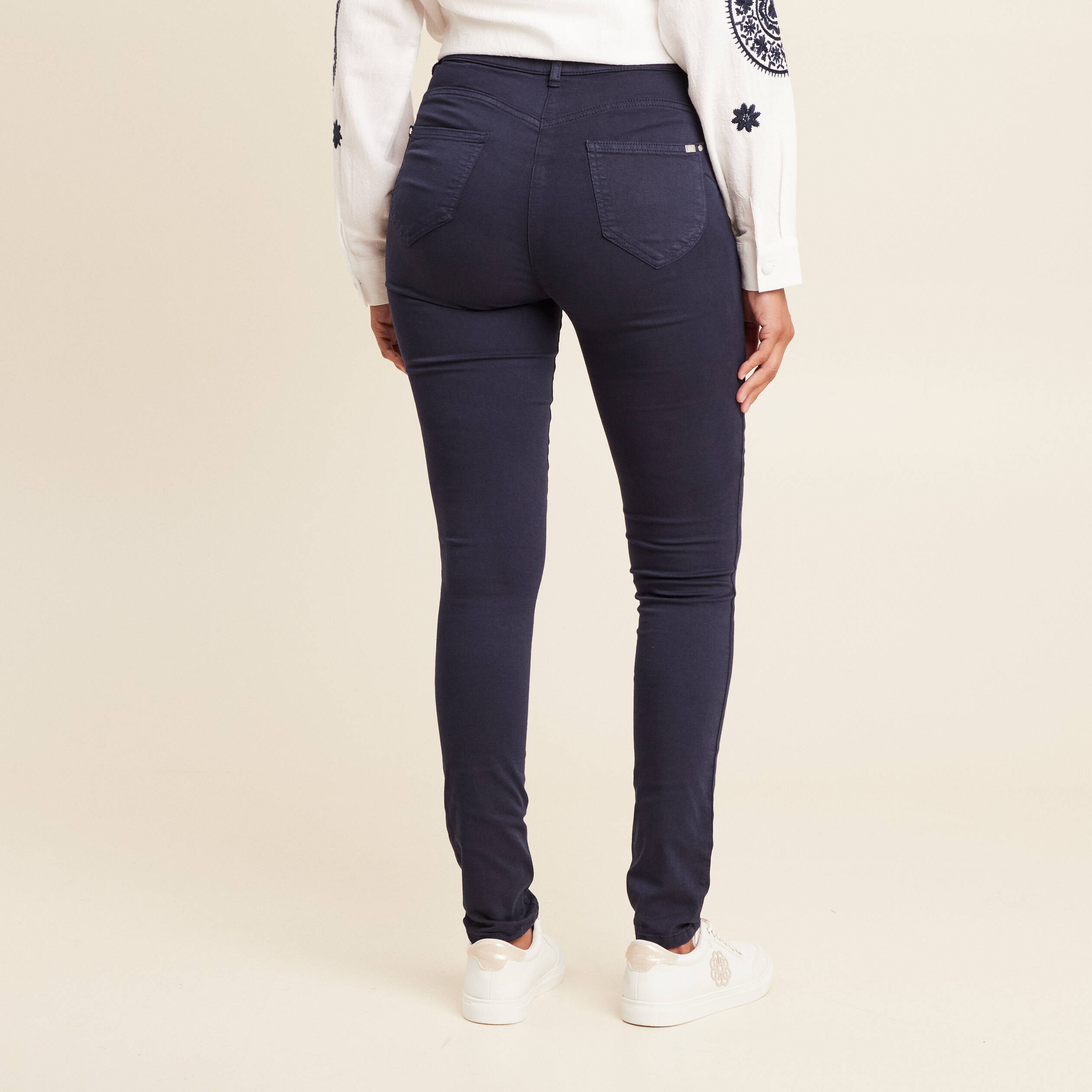 Pantalon léger taille haute long bleu marine femme