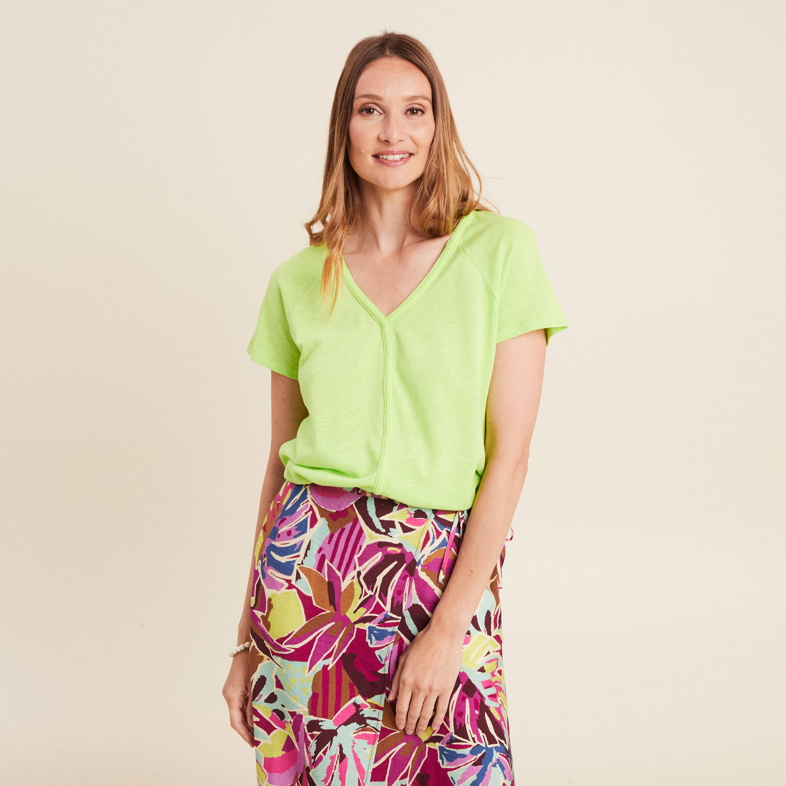 T-shirt tresse manches courtes vert anis femme
