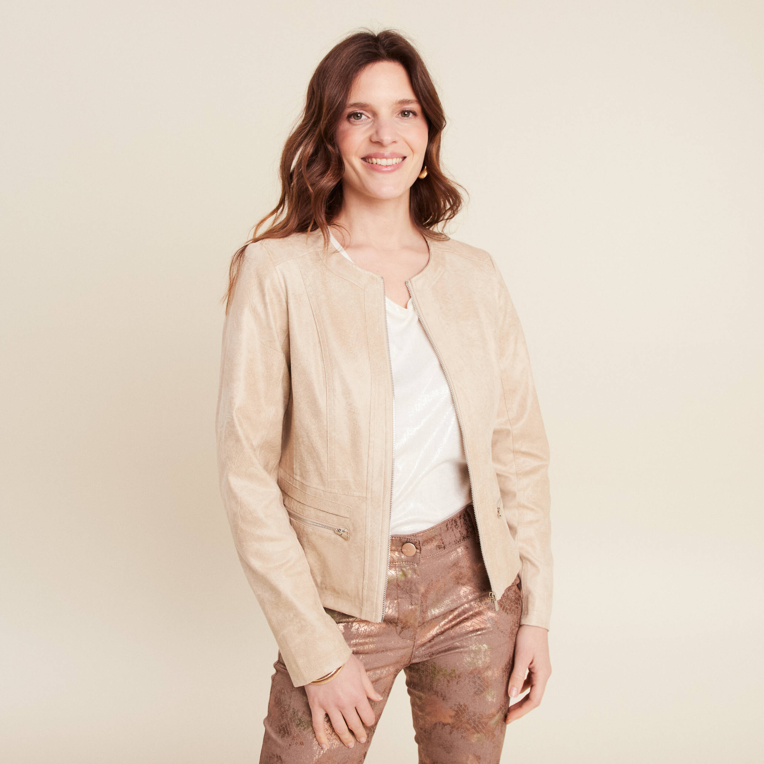 veste suedine zippee beige femme Veste suédine zippée beige femme
