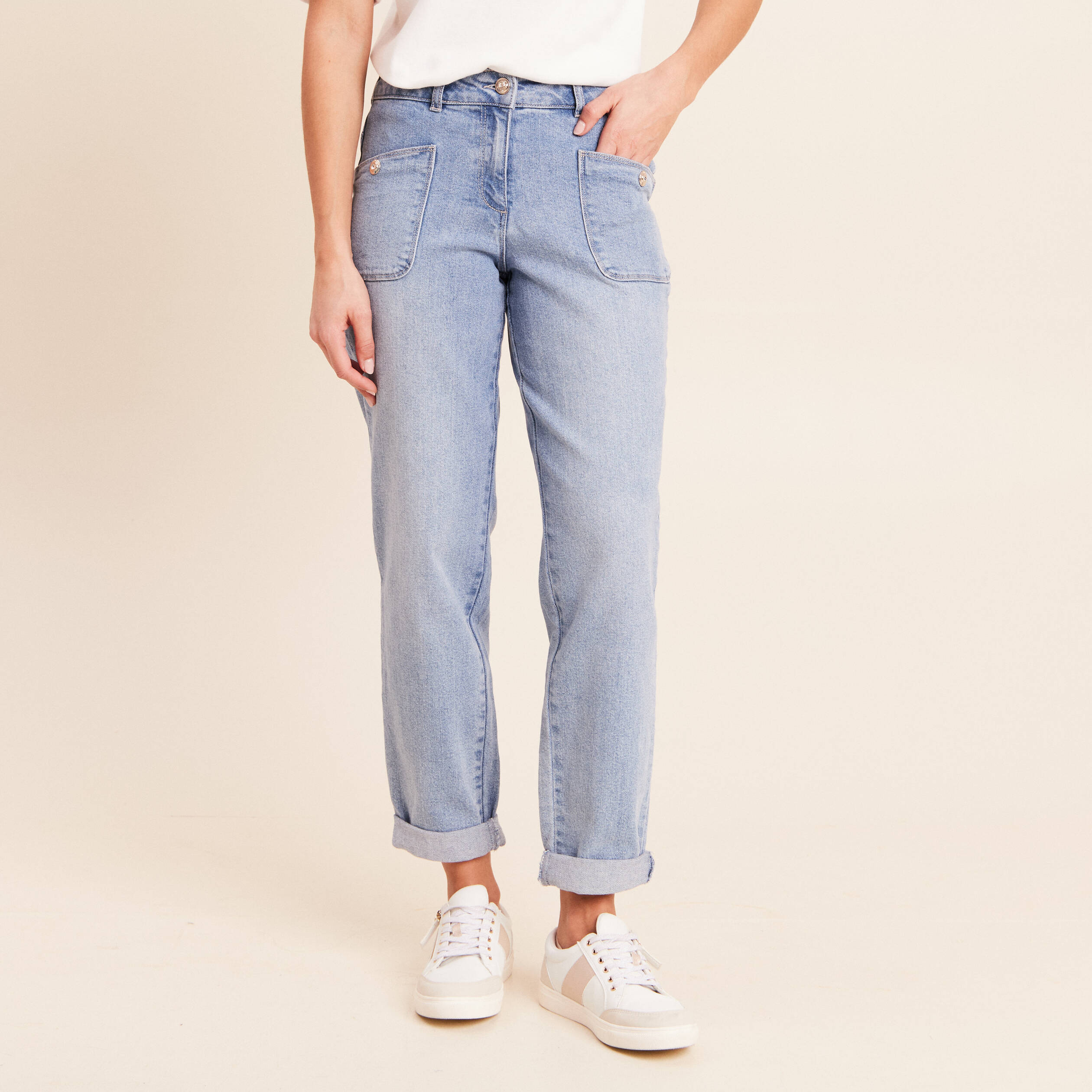 Jean coupe mom 7/8&egrave;me denim double stone femme